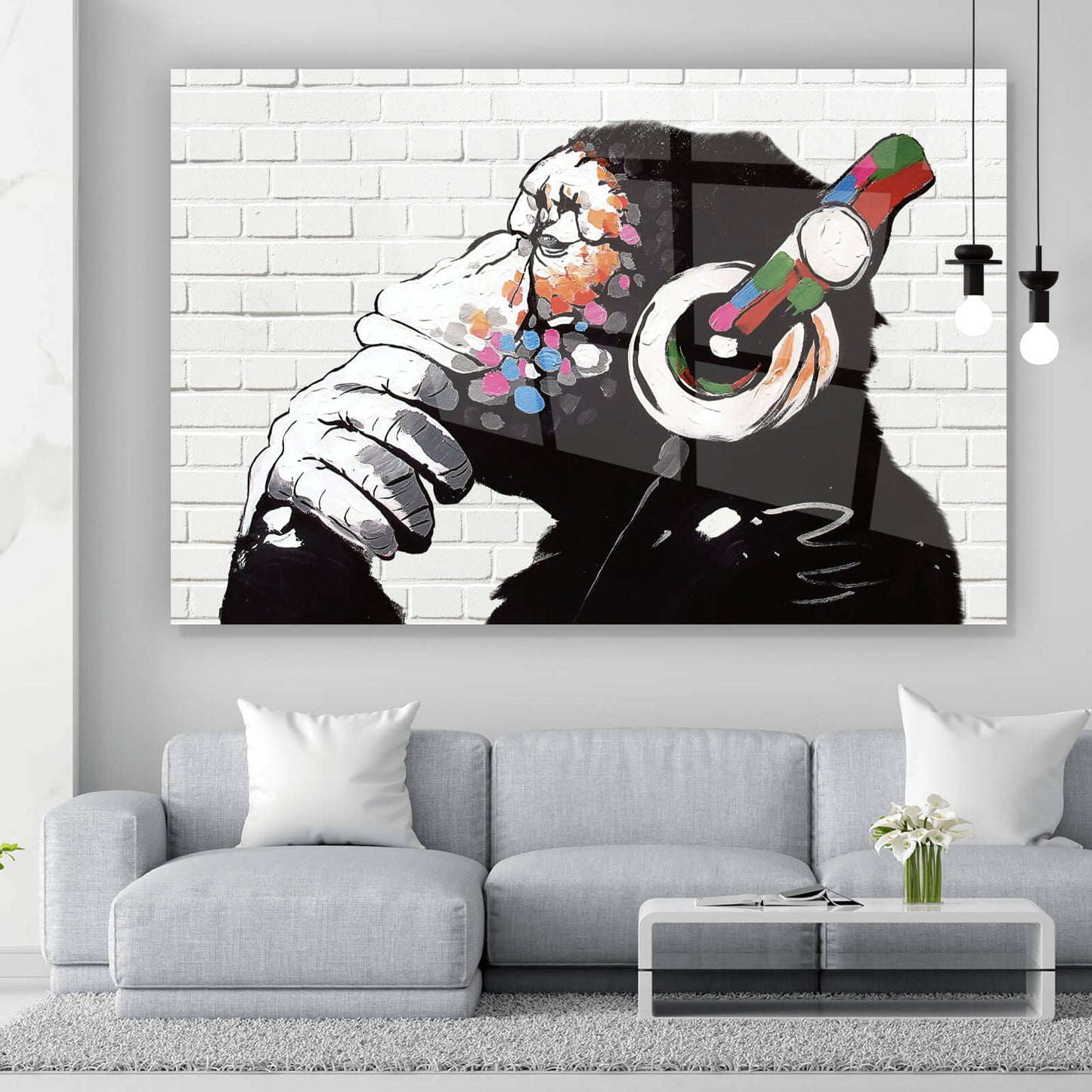 Acrylglasbild Banksy Bunter Affe mit Kopfhörern Querformat