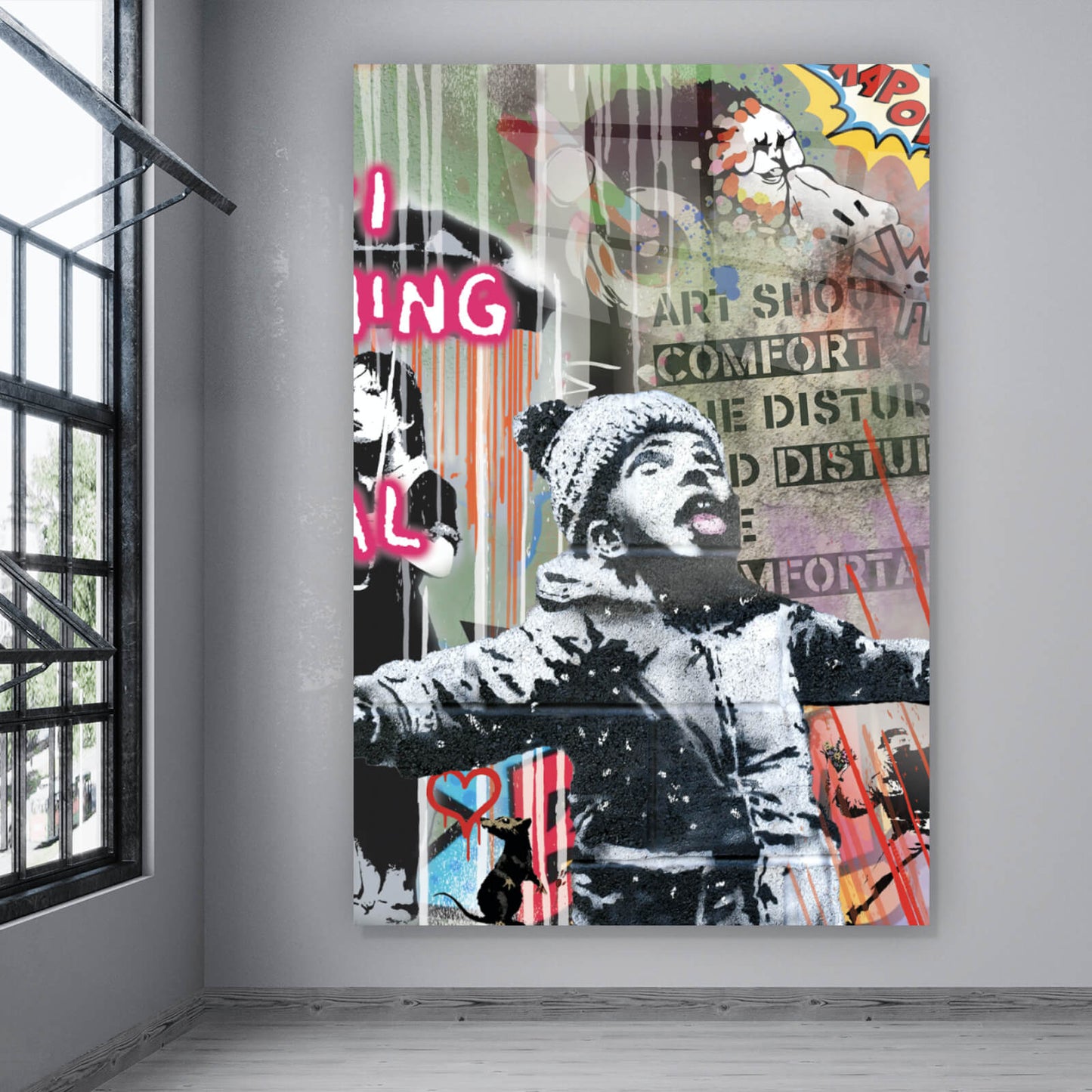 Acrylglas Banksy Pink Graffiti Hochformat