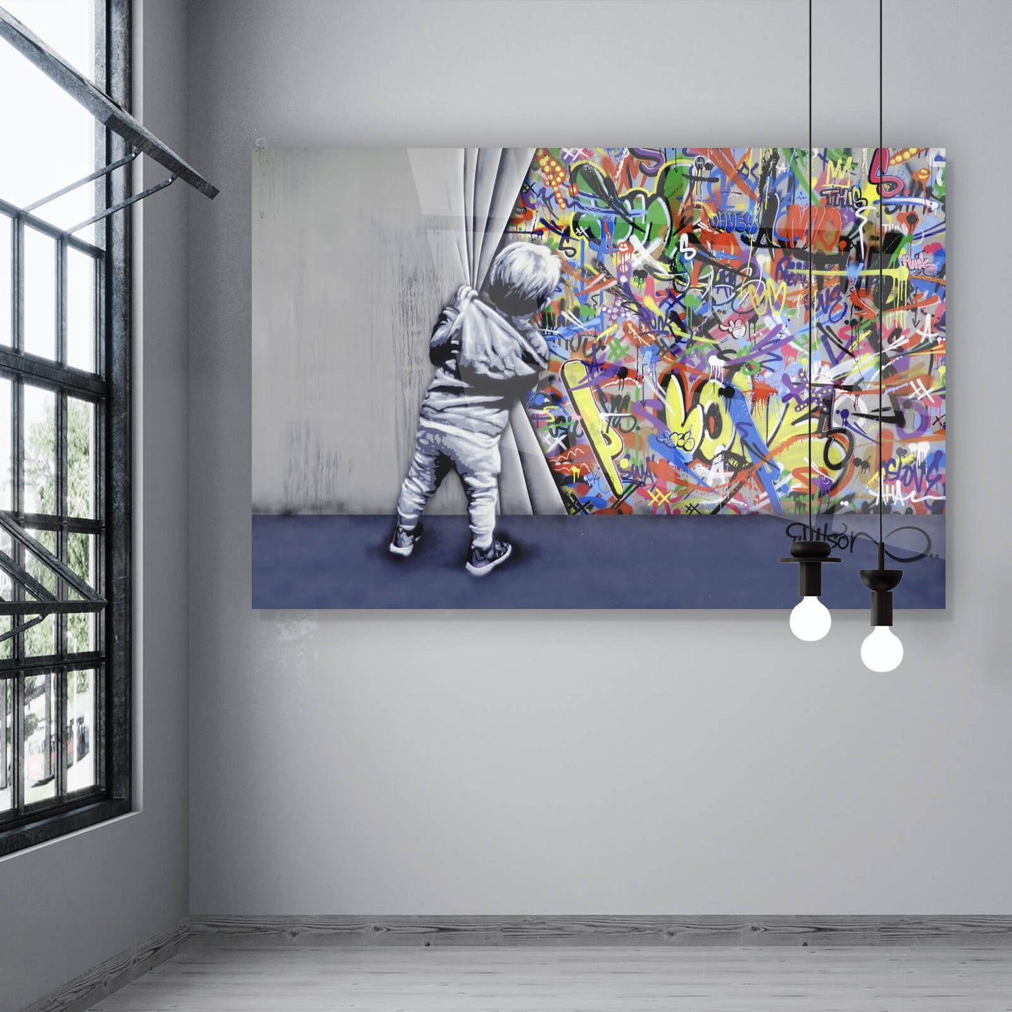 Acrylglasbild Banksy Junge vor Graffity Wand Querformat