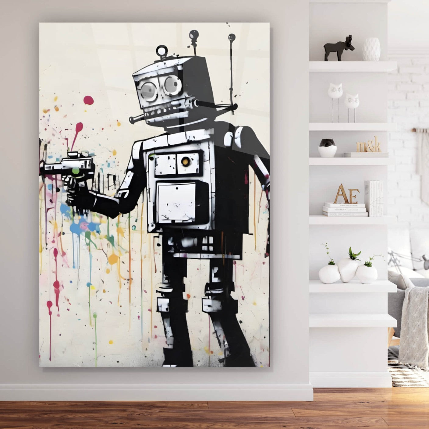 Acrylglasbild Banksy Roboter mit Pistole abstrakt Hochformat