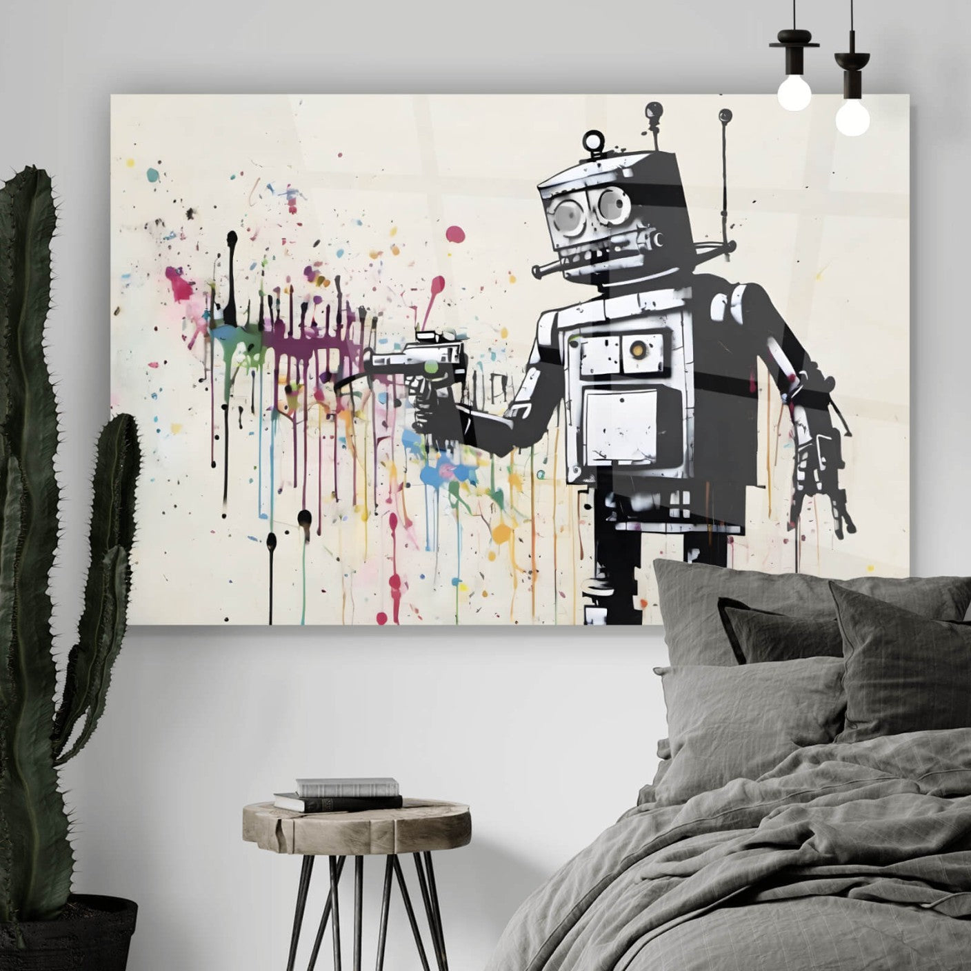 Acrylglasbild Banksy Roboter mit Pistole abstrakt Querformat