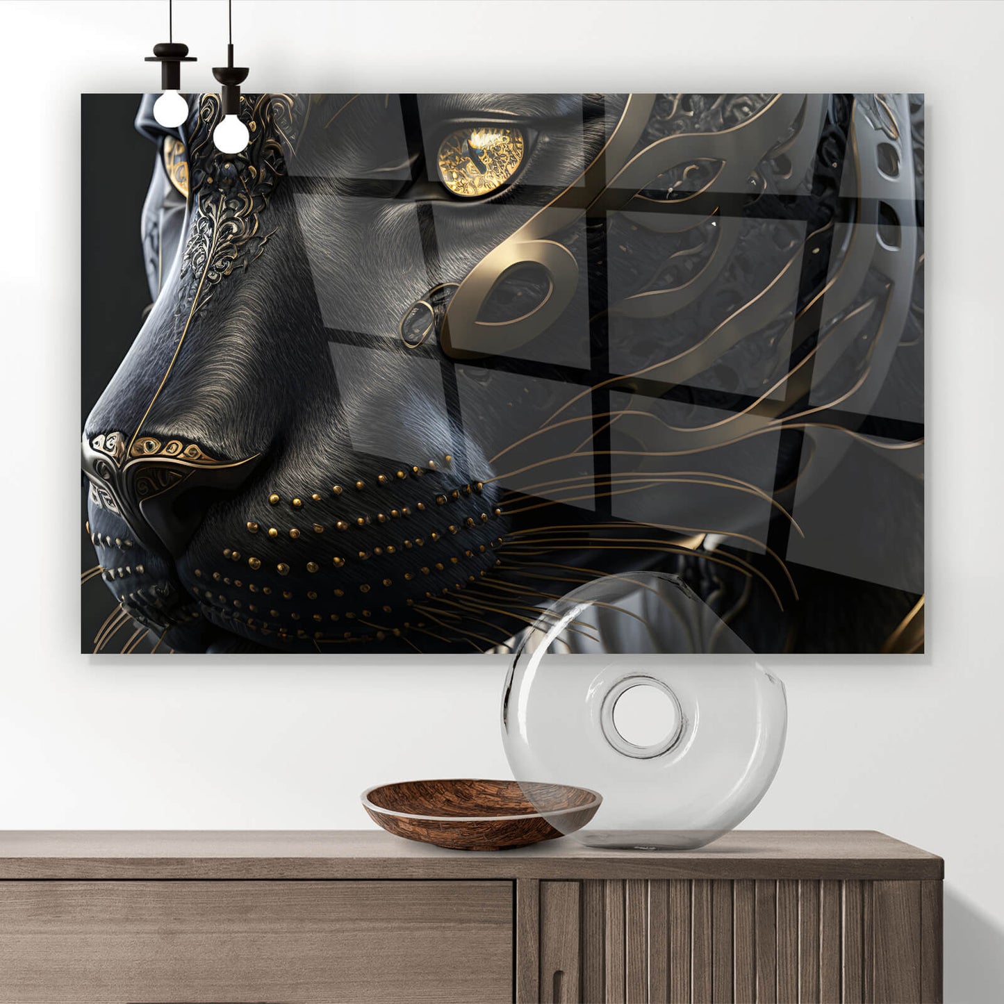 Acrylglasbild Black Panther mit Gold Hochformat