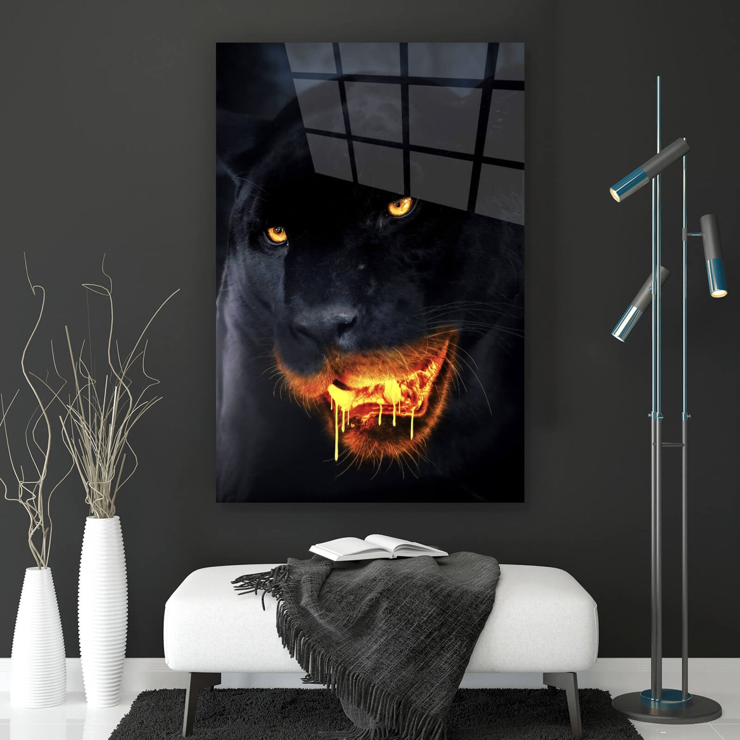 Acrylglasbild Black Panther mit leutendem Maul Hochformat