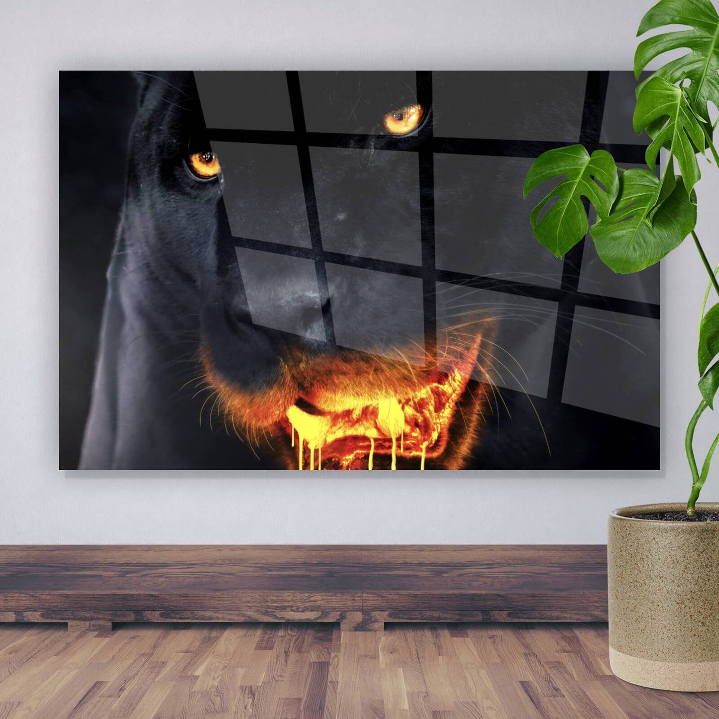 Acrylglasbild Black Panther mit leutendem Maul Querformat