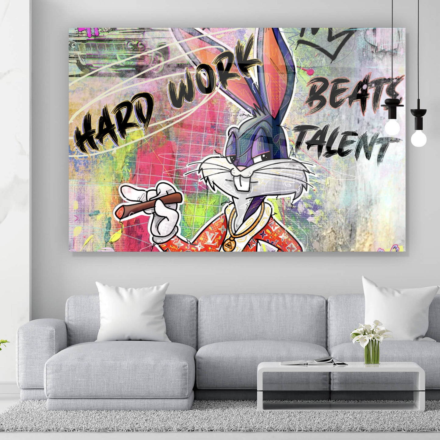 Acrylglasbild Bunny Hard Work Comic Querformat