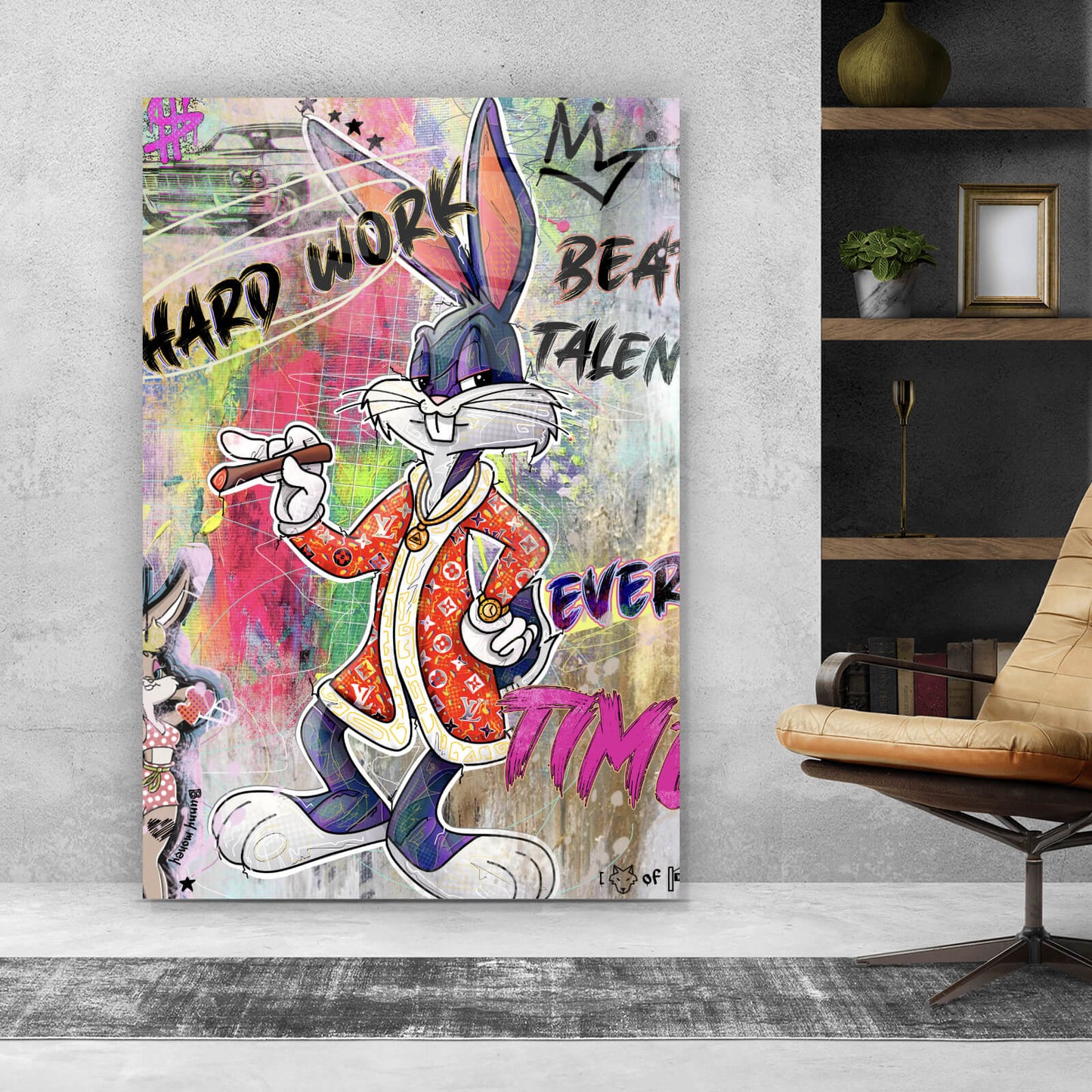 Acrylglasbild Bunny Hard Work Comic Hochformat