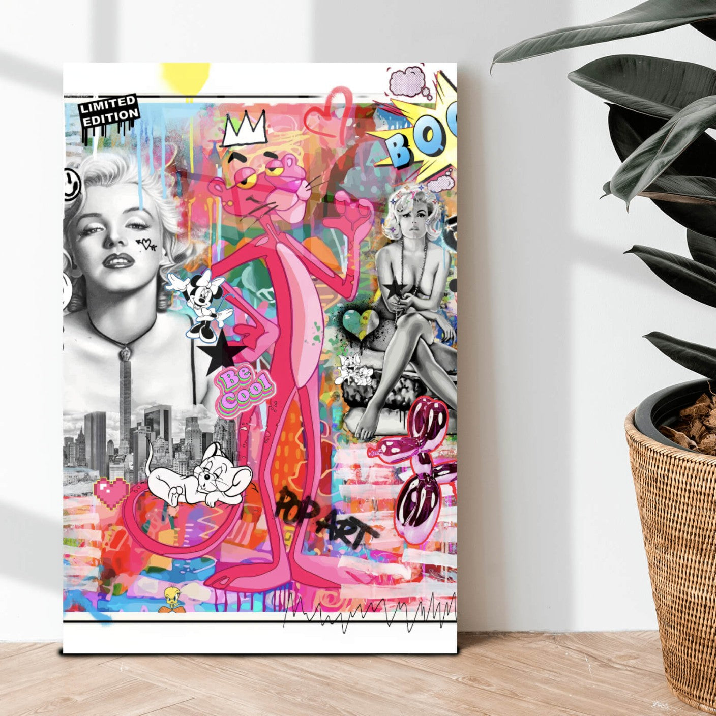 Acrylglasbild Bunte Collage mit Comicfiguren Hochformat