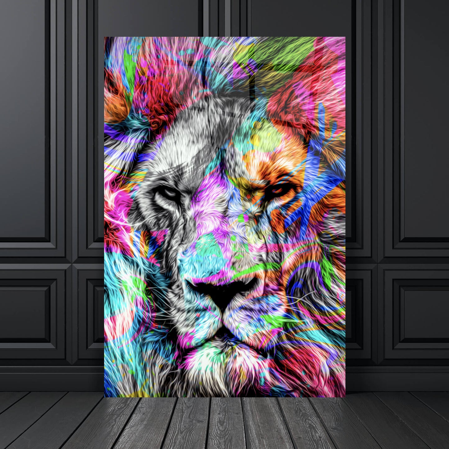 Acrylglasbild Bunter Löwe Modern Art Hochformat