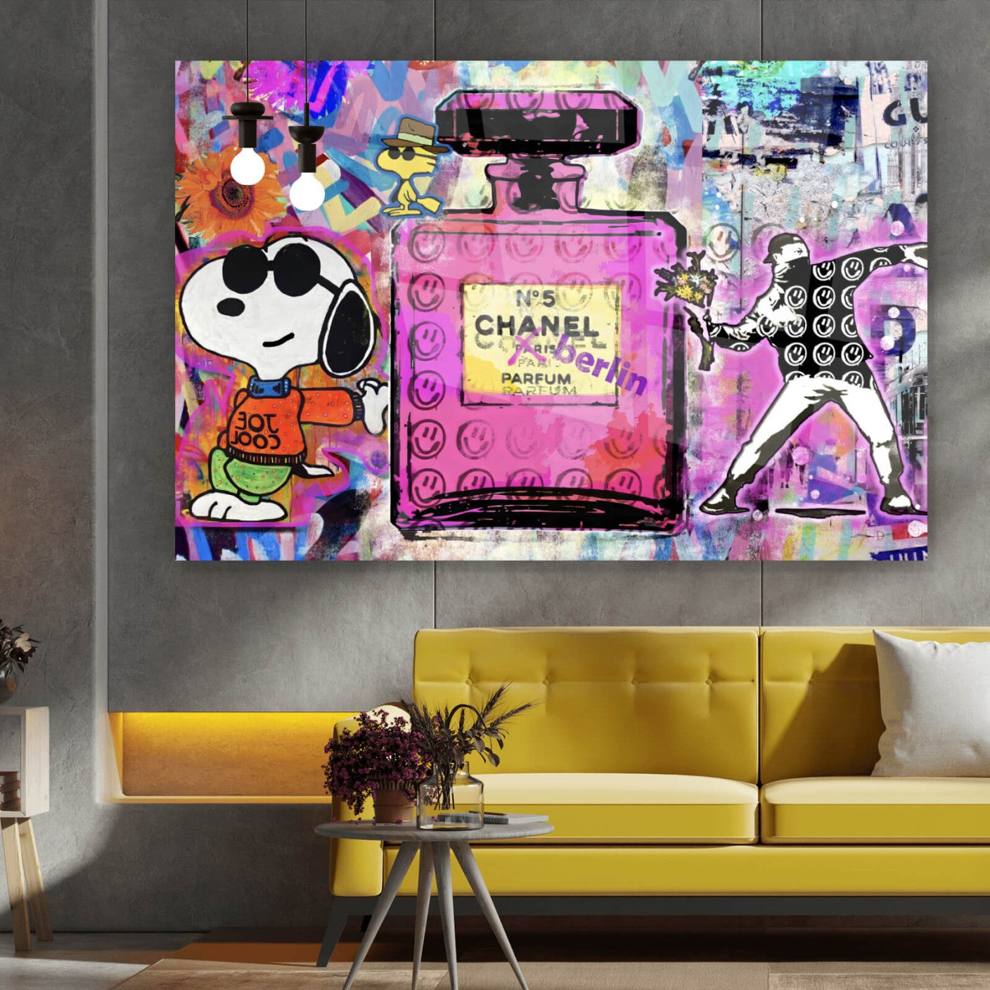 Acrylglasbild Comicfiguren mit Parfum Pop Art Querformat