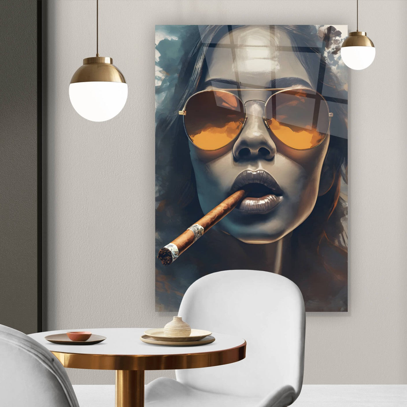 Acrylglasbild coole Frau mit Zigarre und Sonnenbrille Hochformat