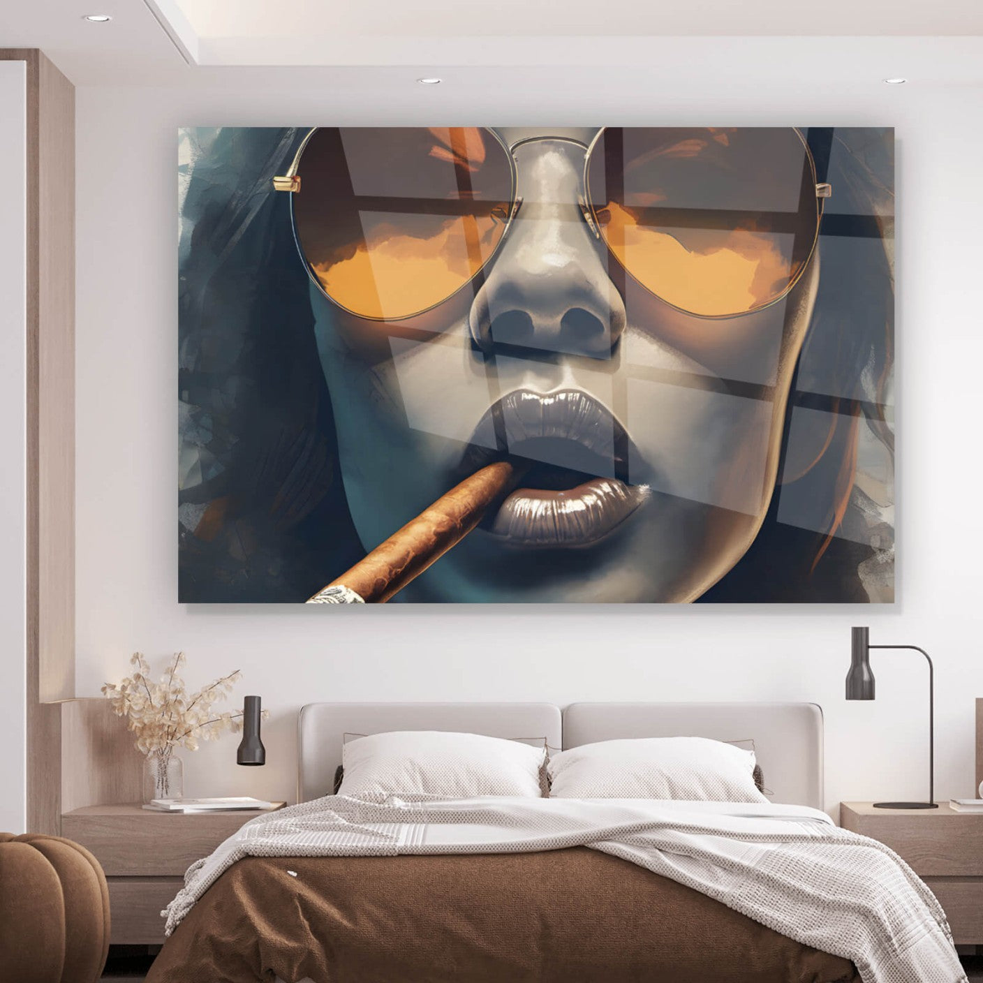 Acrylglasbild coole Frau mit Zigarre und Sonnenbrille Querformat