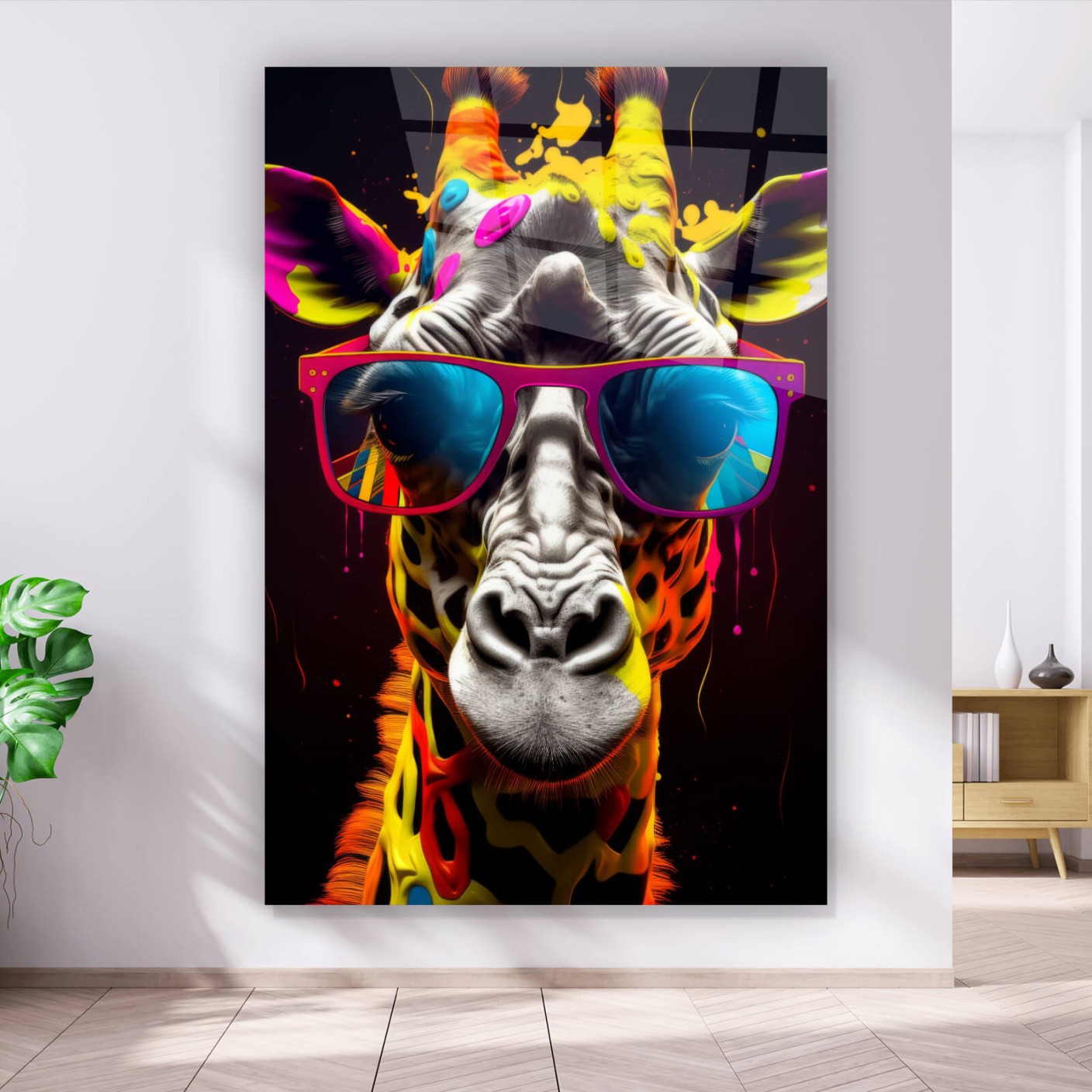 Acrylglasbild Cooles Giraffen Portrait mit Brille Street Art Hochformat