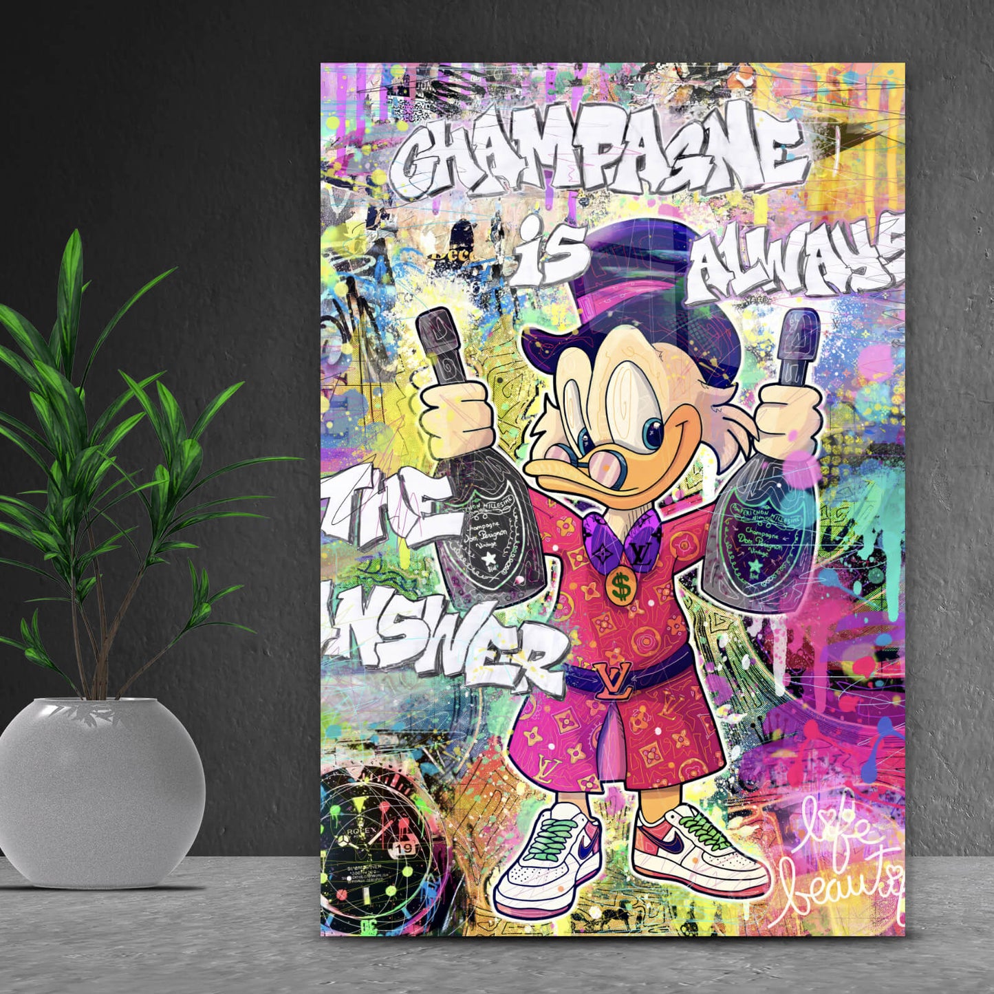 Acrylglasbild Dagobert Champagner Pop Art Hochformat