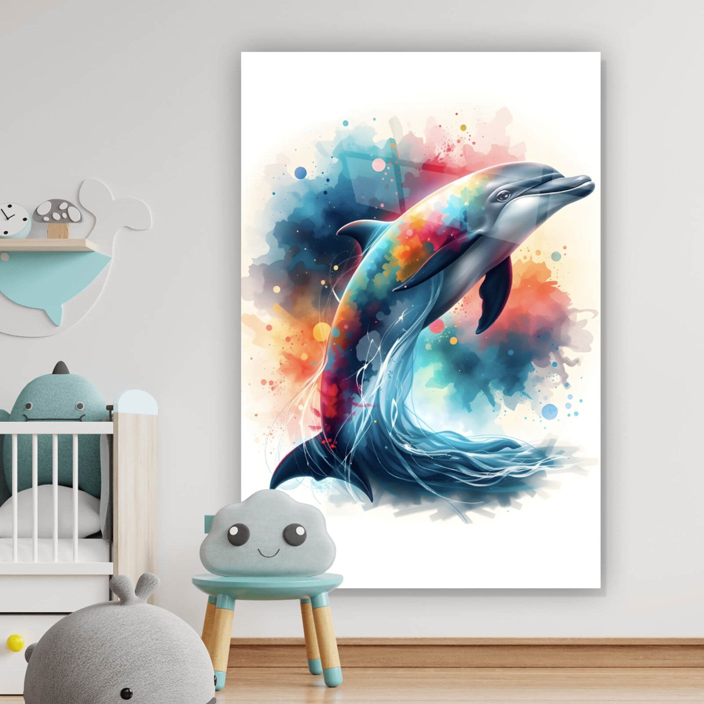 Acrylglasbild Delfin in bunter Aquarelloptik Hochformat