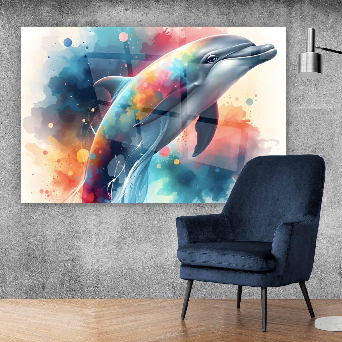 Acrylglasbild Delfin in bunter Aquarelloptik Querformat