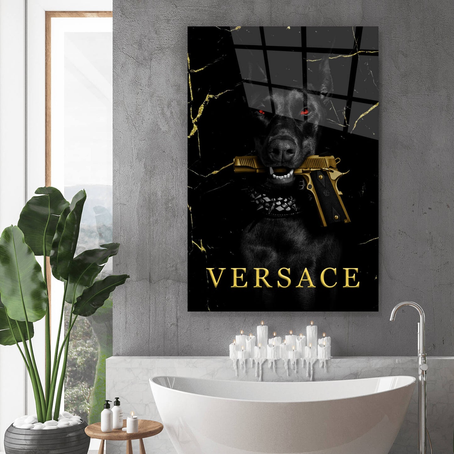 Acrylglasbild Edler Hund mit Pistole Digital Art Hochformat