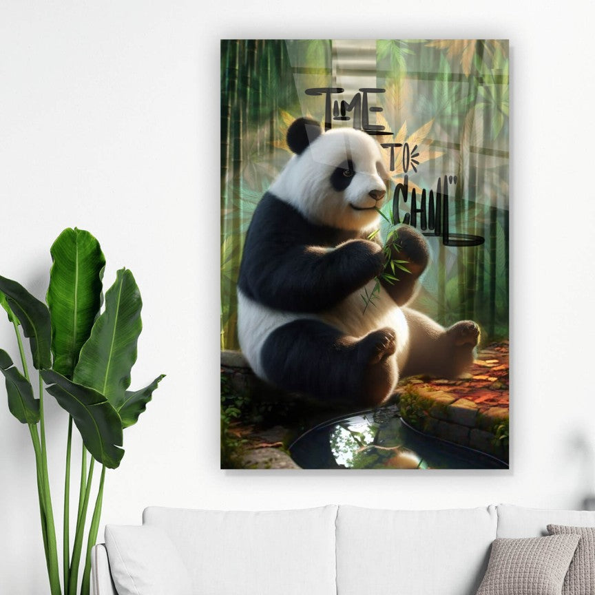 Acrylglasbild Entspannter Pandabär im Schilf Hochformat