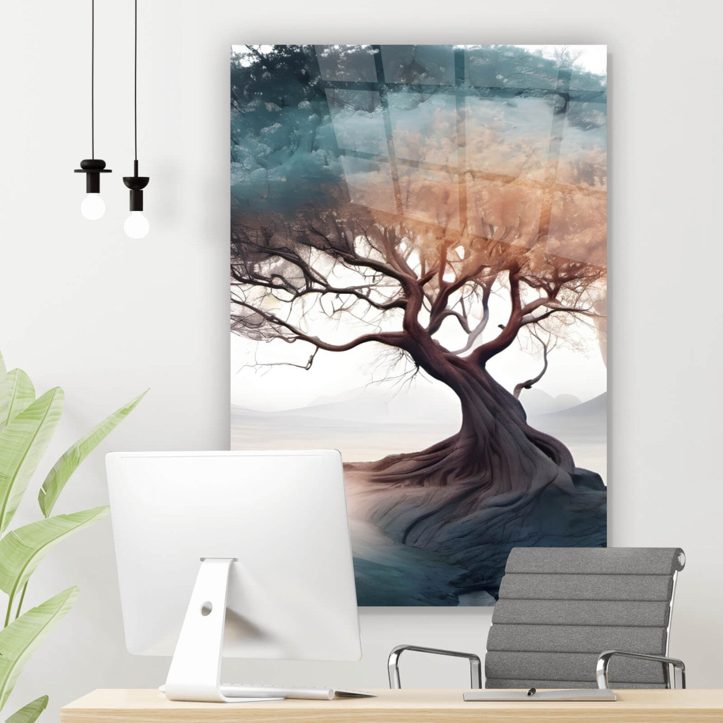 Acrylglasbild Fantasiebaum im Nebel Hochformat