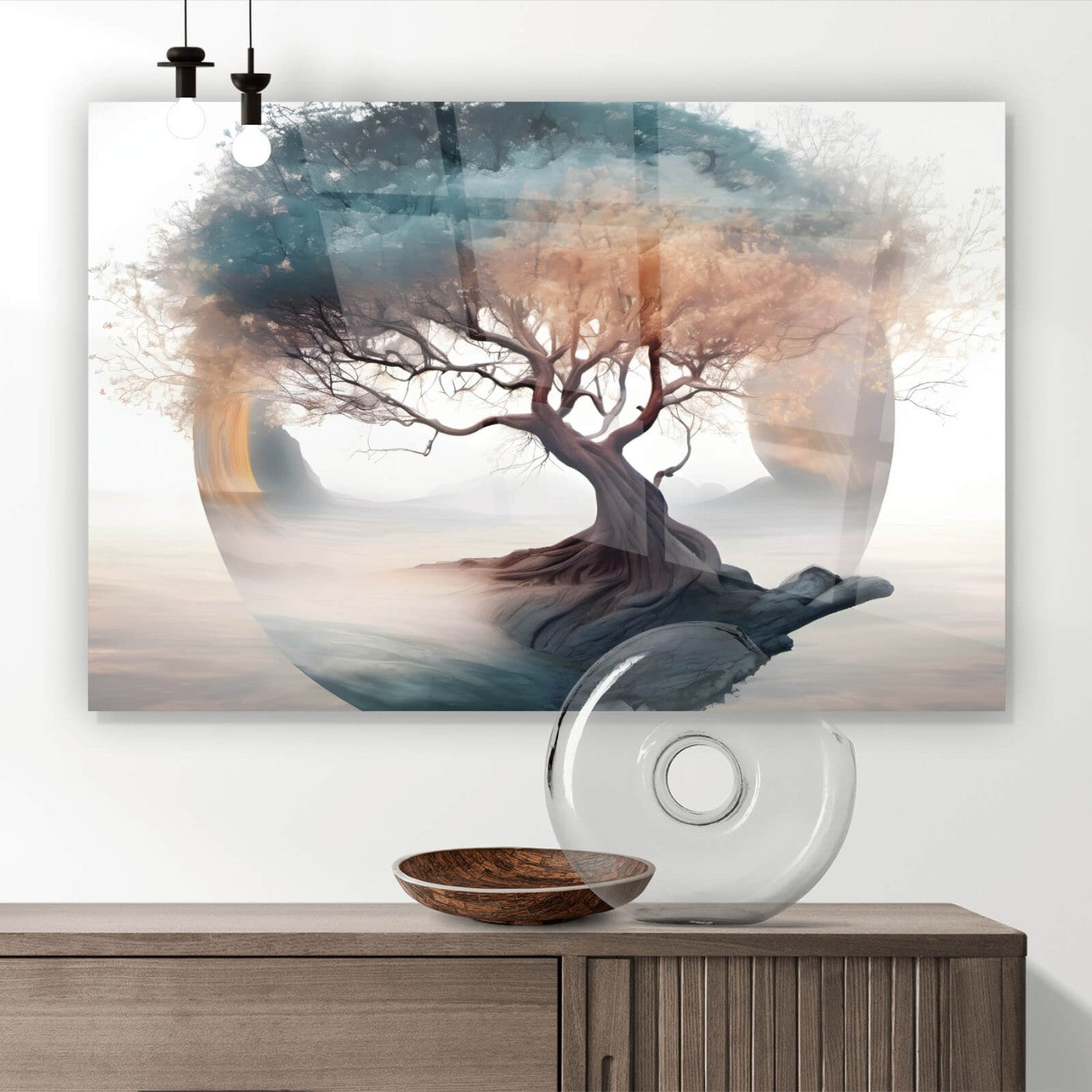 Acrylglasbild Fantasiebaum im Nebel Querformat