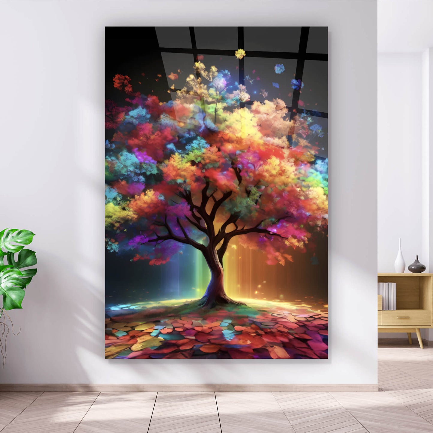 Acrylglasbild Fantasiebaum in Regenbogenfarben Hochformat
