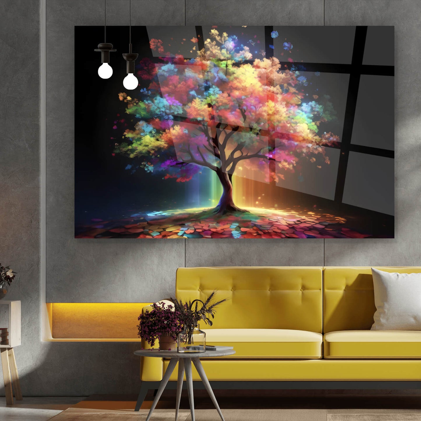 Acrylglasbild Fantasiebaum in Regenbogenfarben Querformat