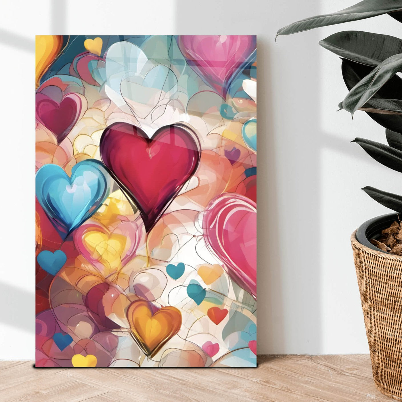Acrylglasbild Farbenfrohe Herzen Collage Hochformat