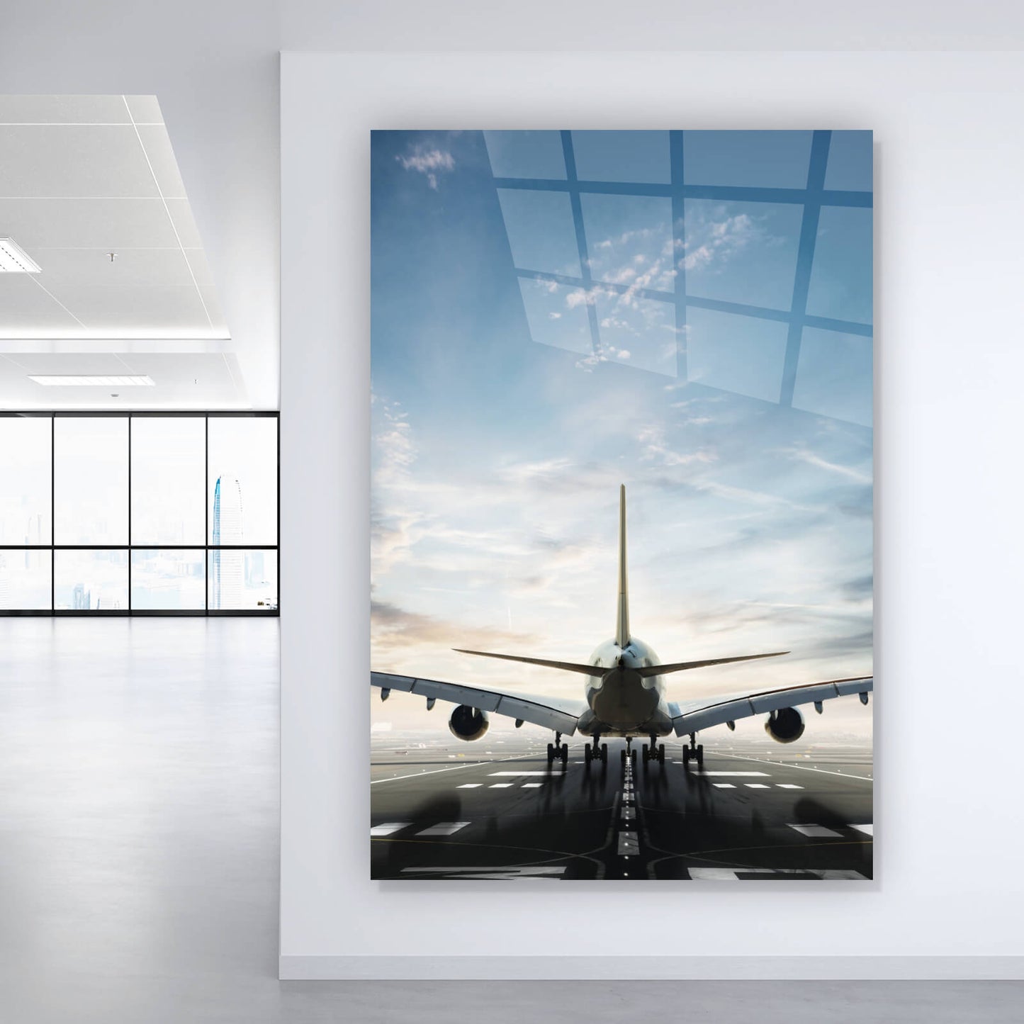 Acrylglasbild Flugzeug auf der Startbahn Hochformat