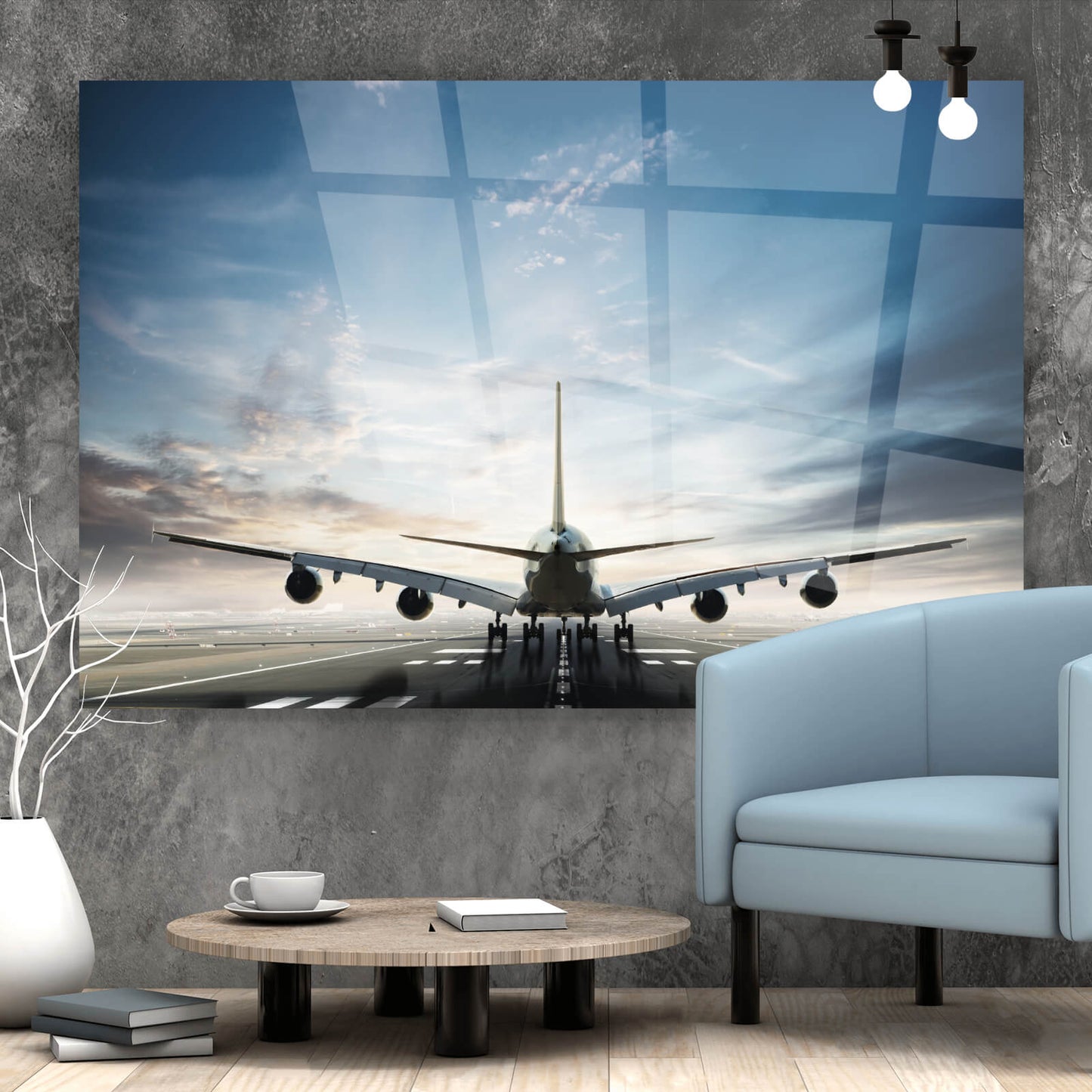 Acrylglasbild Flugzeug auf der Startbahn Querformat