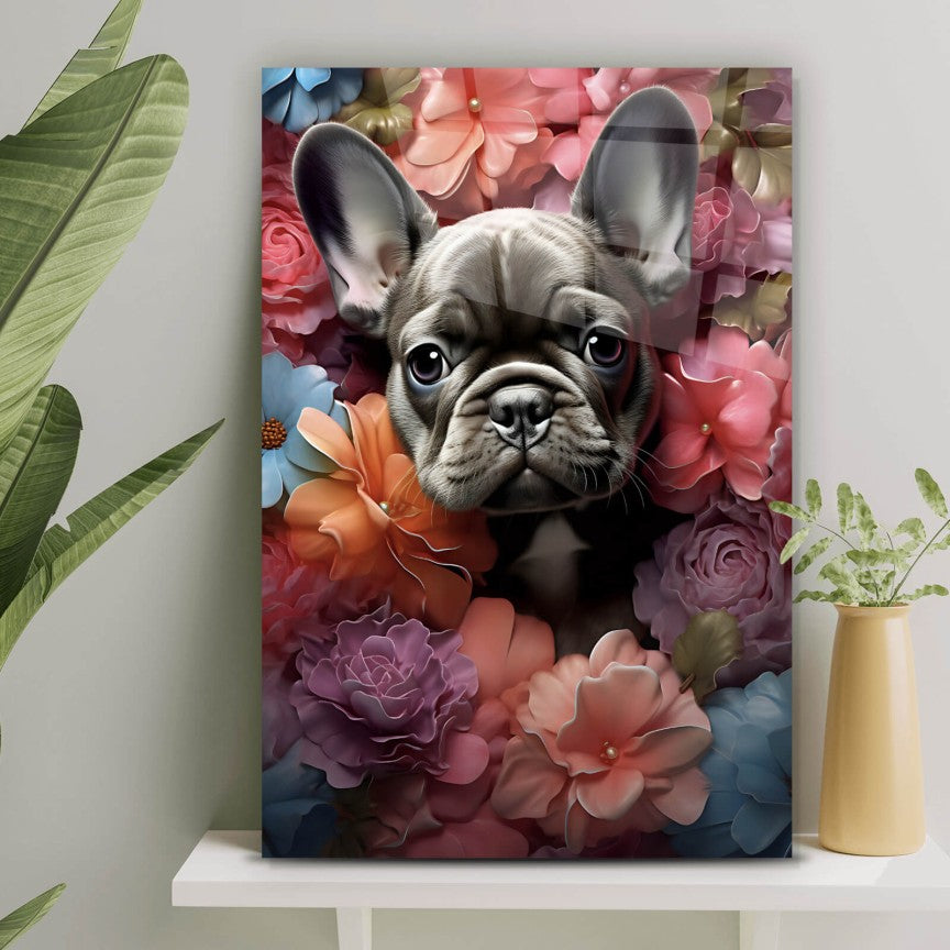 Acrylglasbild Französische Bulldogge umgeben von Blumen Hochformat