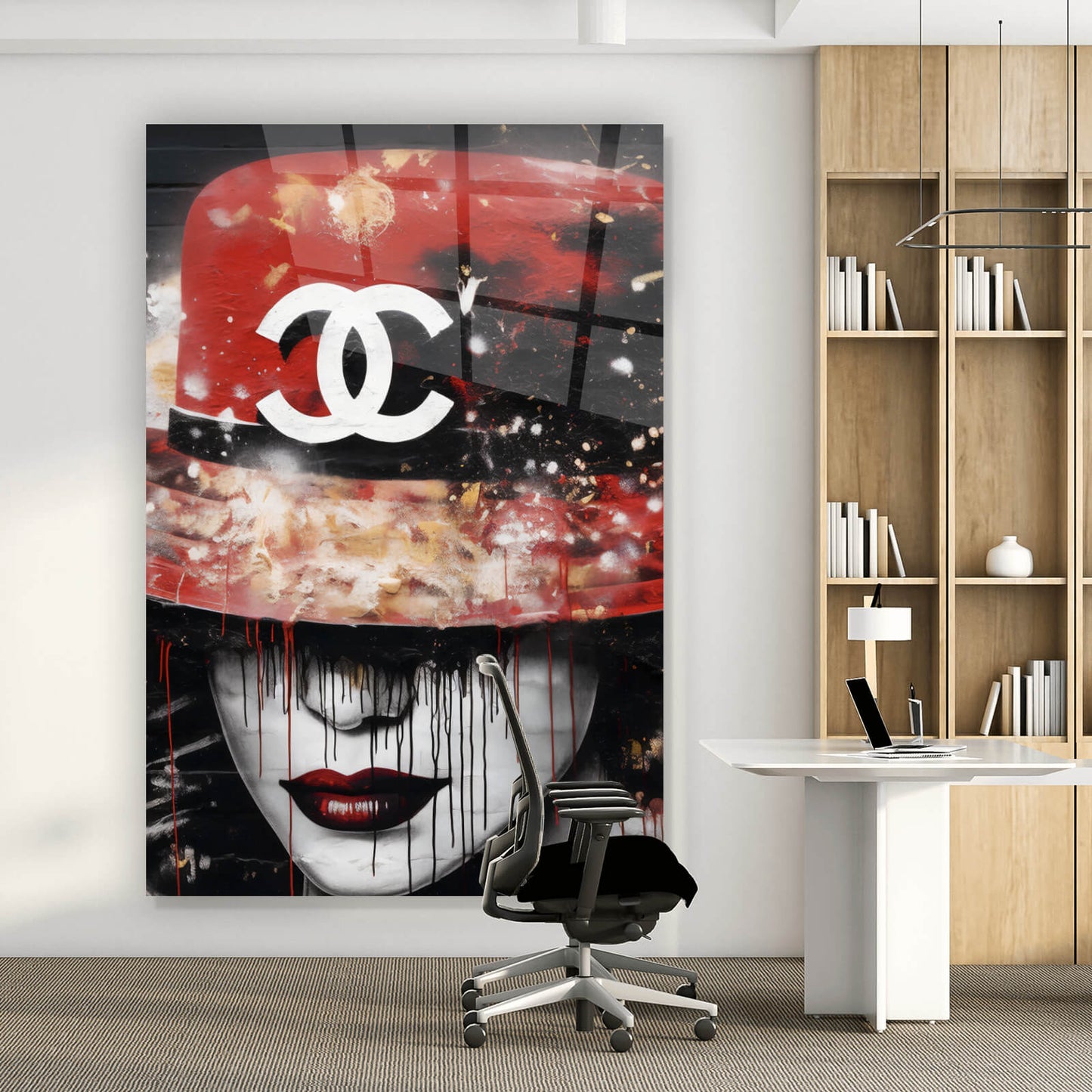 Acrylglasbild Frau mit Designer Hut Hochformat