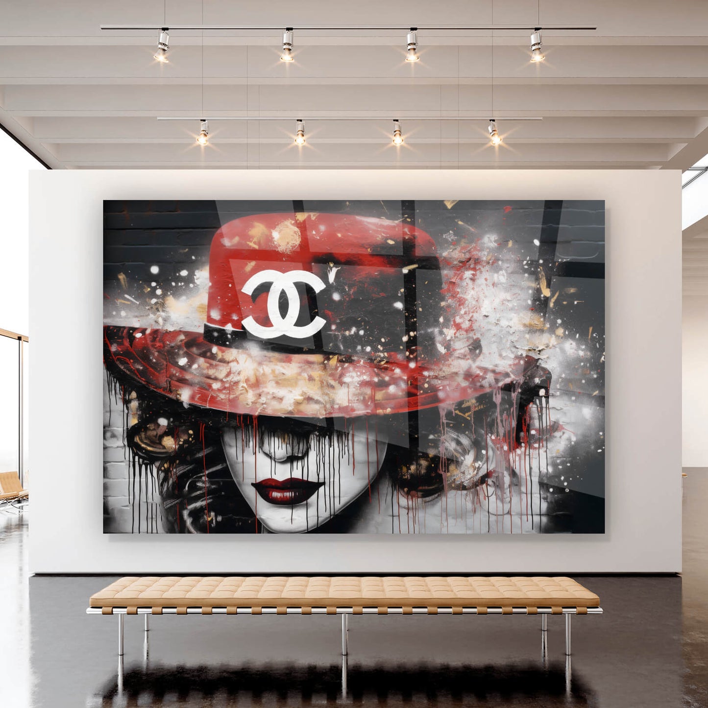 Acrylglasbild Frau mit Designer Hut Querformat