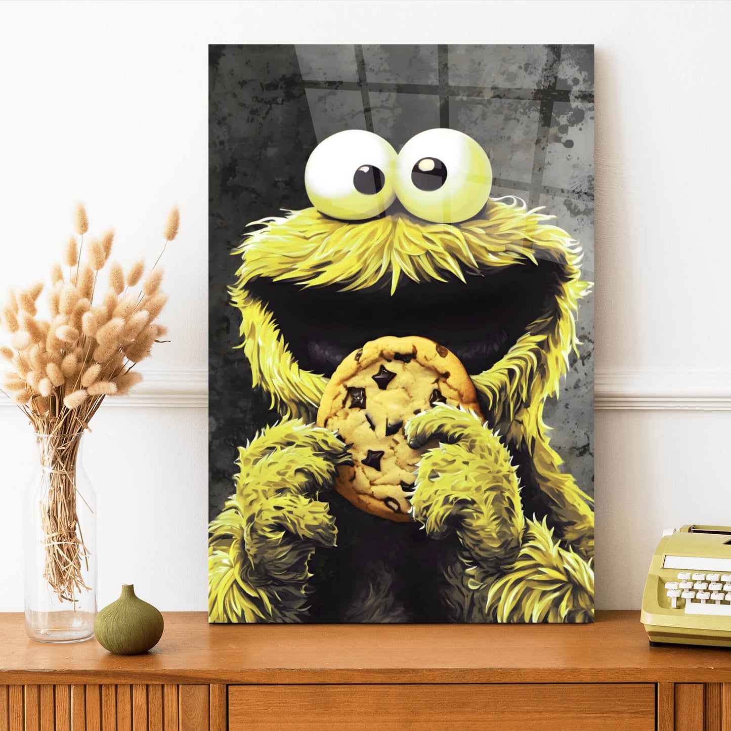 Acrylglasbild Gelbes Keksmonster Hochformat