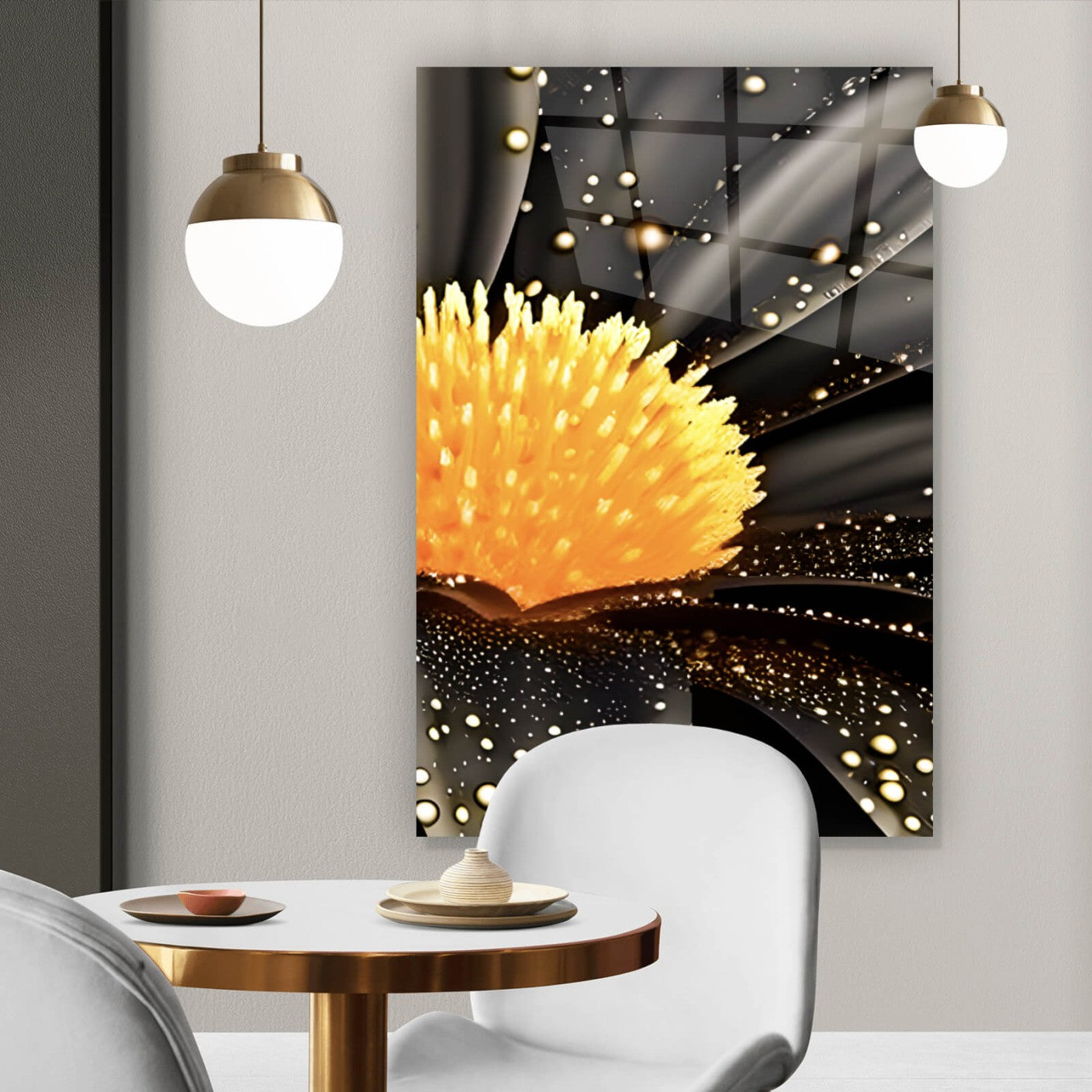Acrylglasbild Goldene schwarze Blume Hochformat