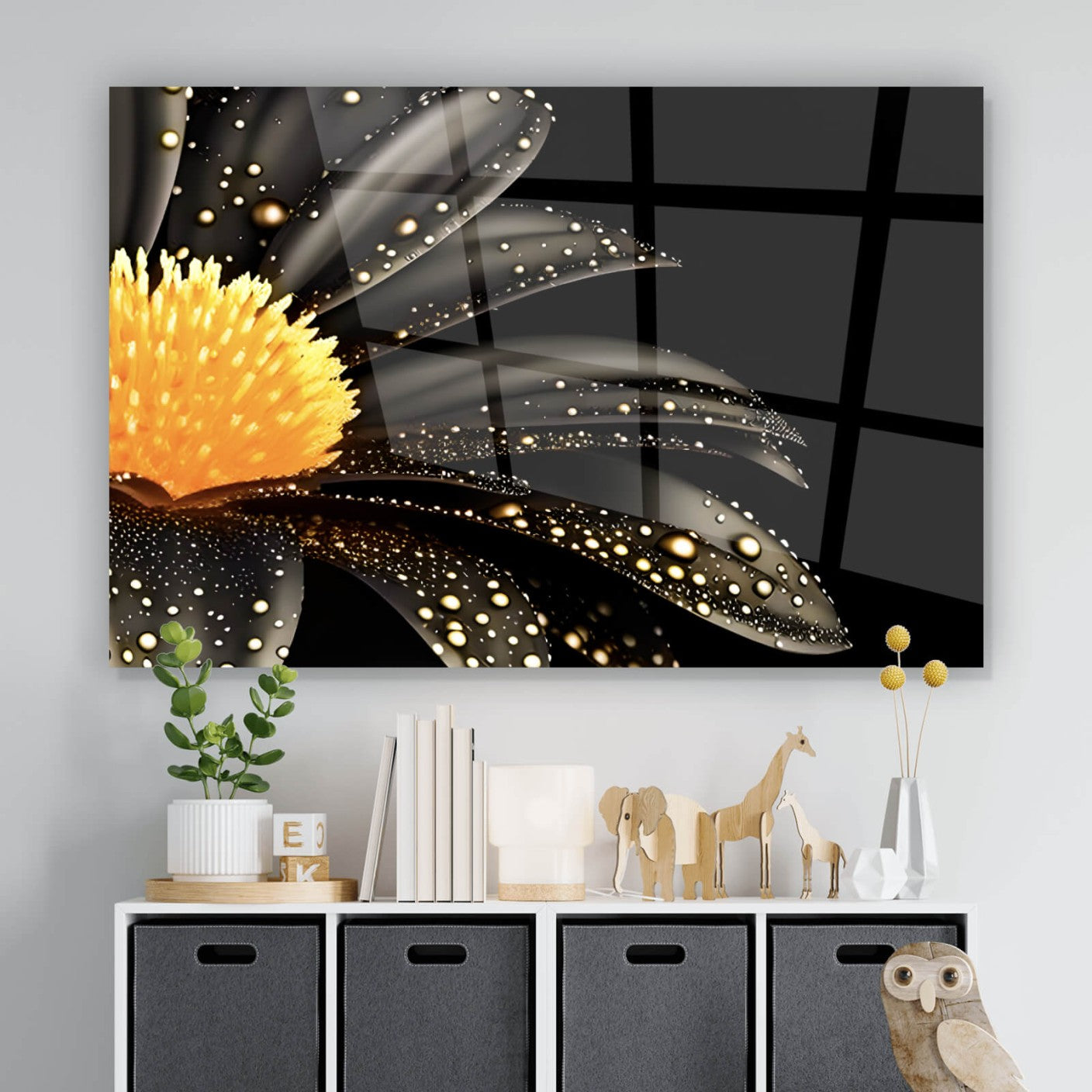 Acrylglasbild Goldene schwarze Blume Querformat