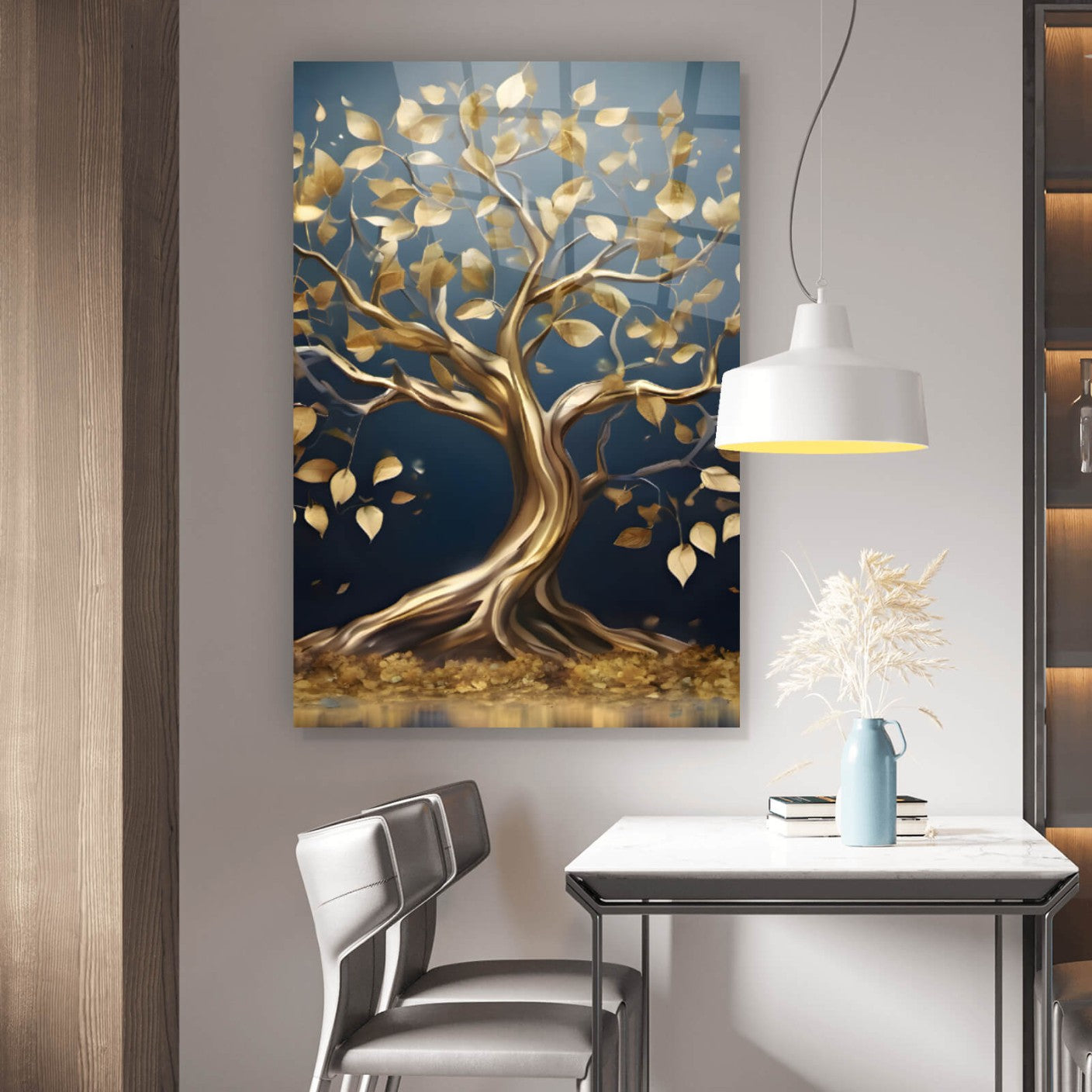 Acrylglasbild Goldener Baum am Wasser Hochformat