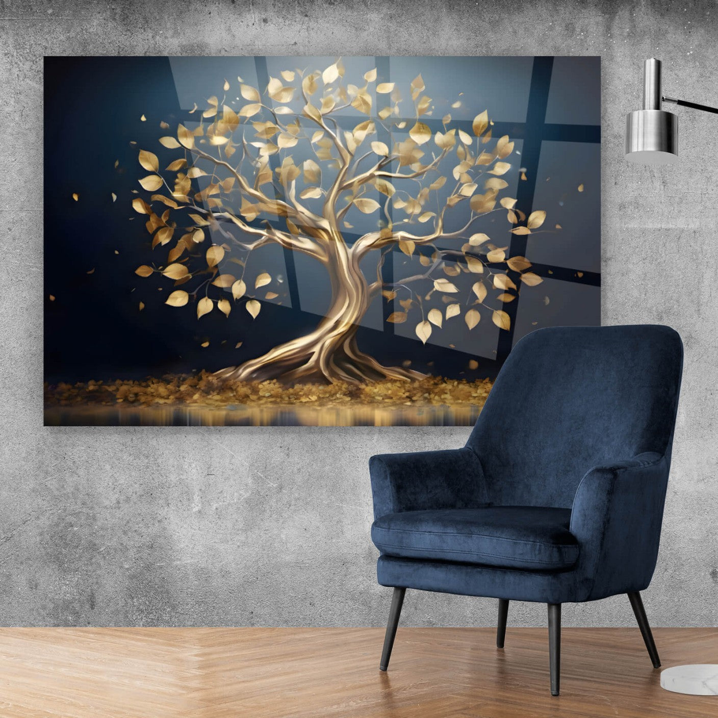 Acrylglasbild Goldener Baum am Wasser Querformat