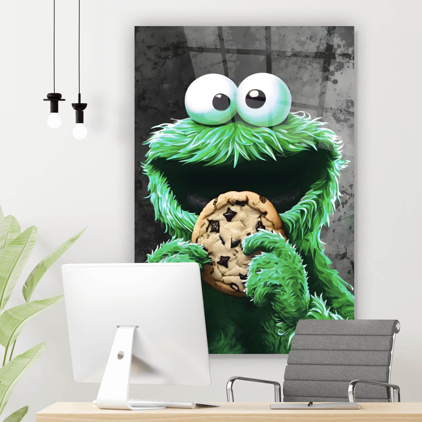 Acrylglasbild grünes Keksmonster Hochformat