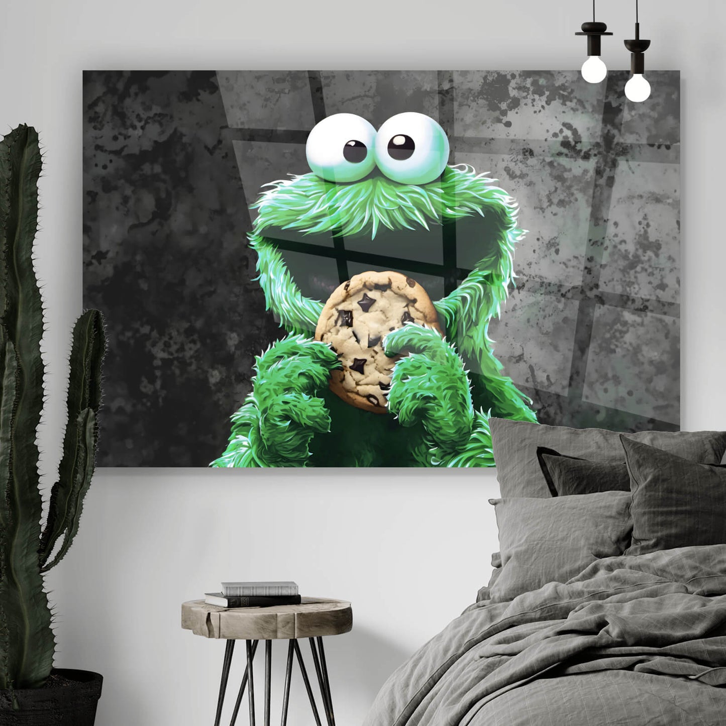 Acrylglasbild grünes Keksmonster Querformat