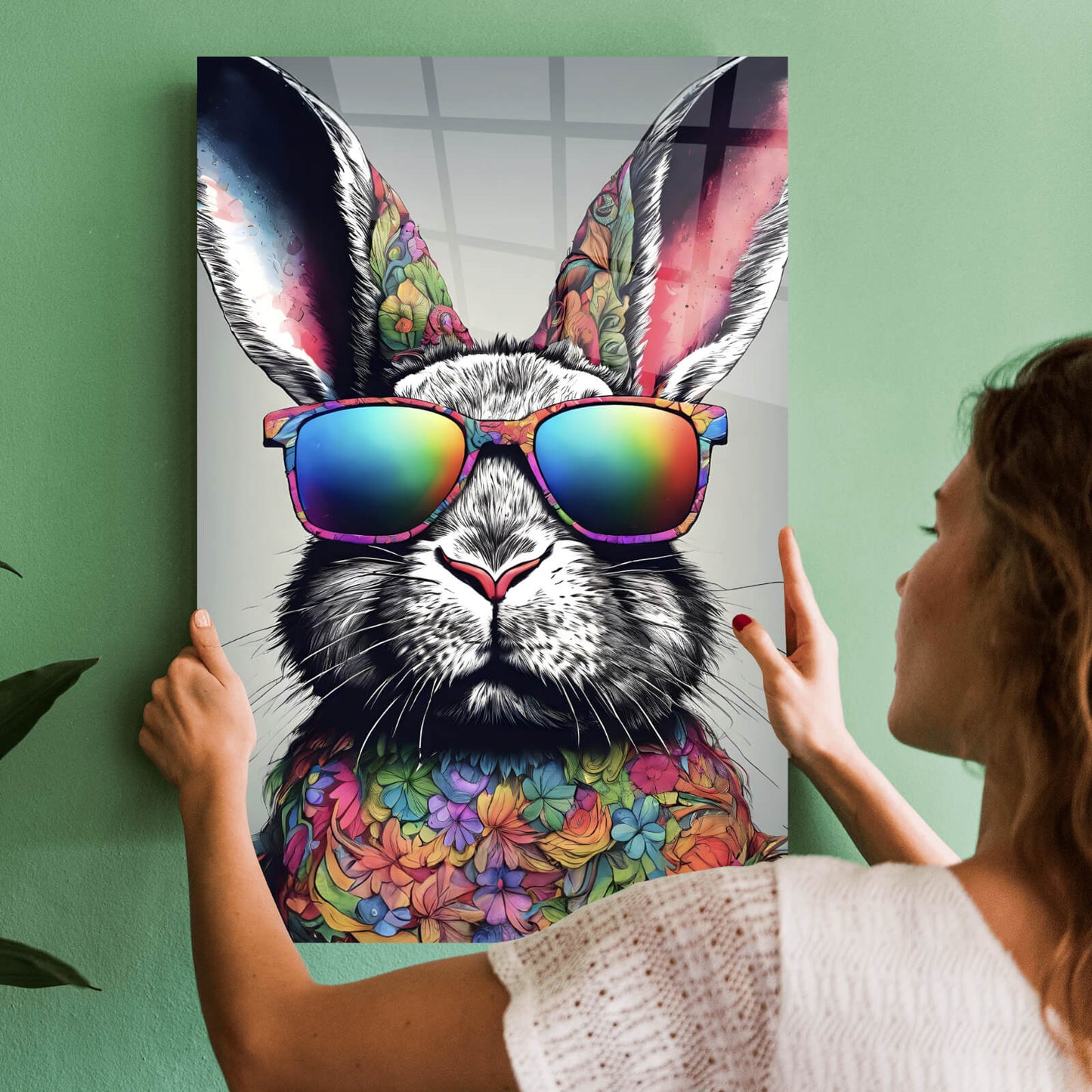 Acrylglasbild Hase mit Regenbogenbrille Hochformat