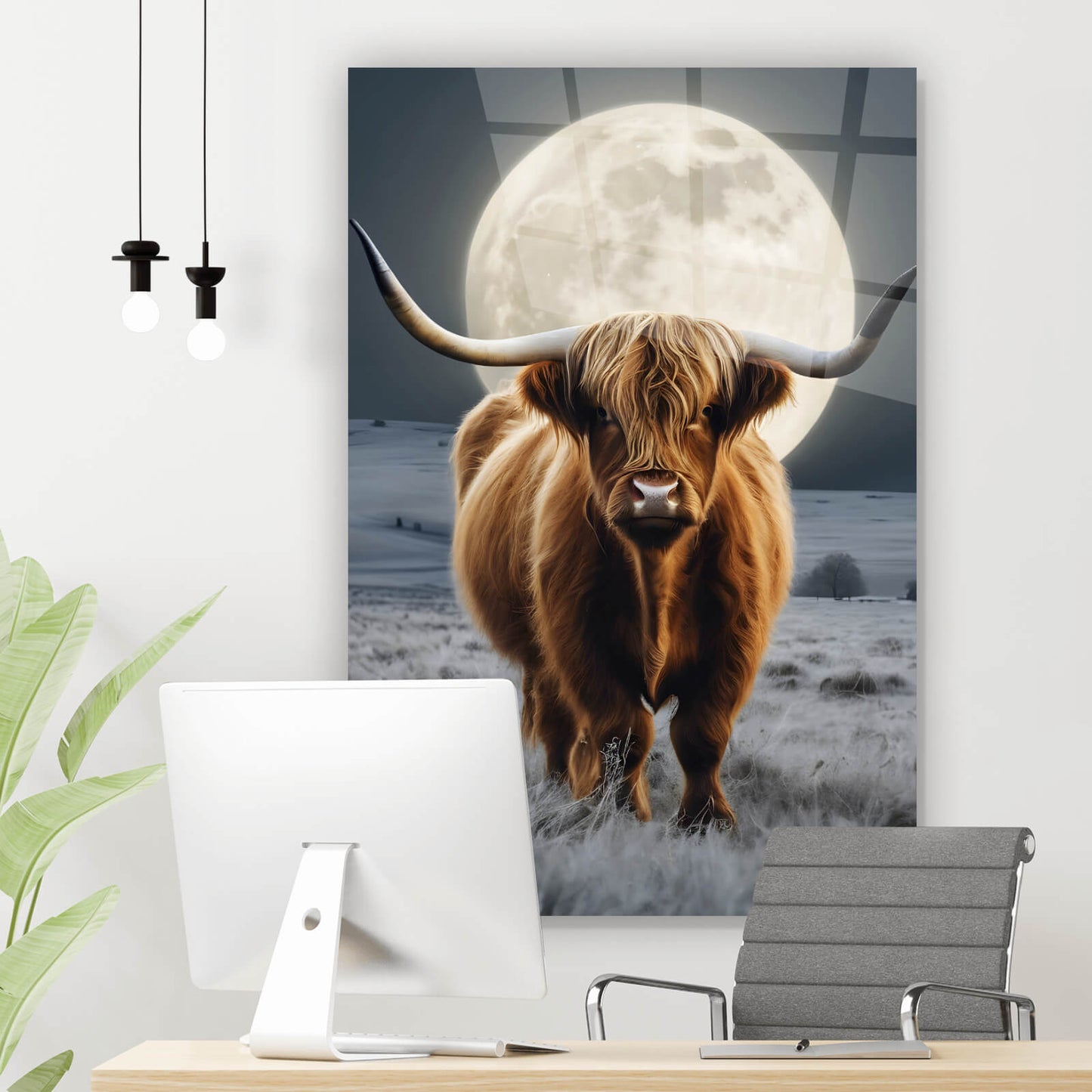 Acrylglasbild Highlandrind im Mondschein Hochformat