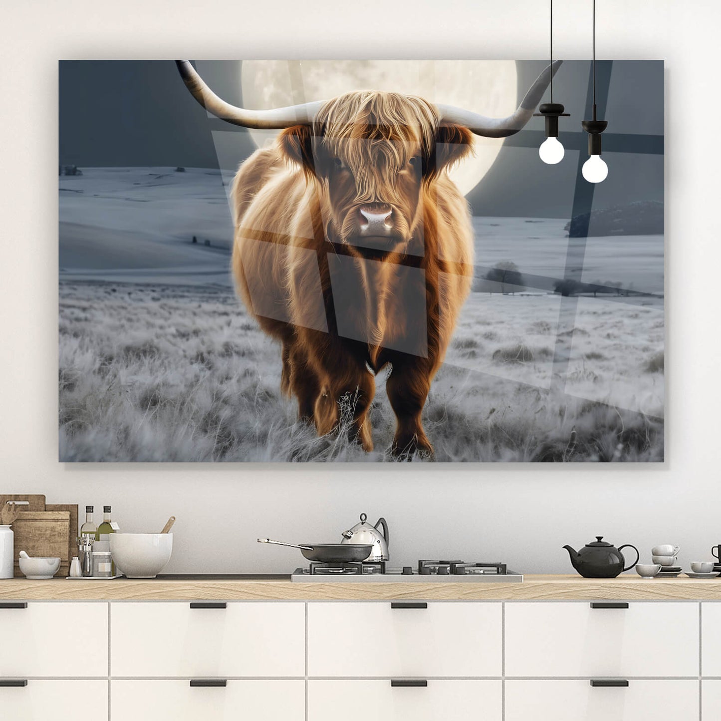 Acrylglasbild Highlandrind im Mondschein Querformat