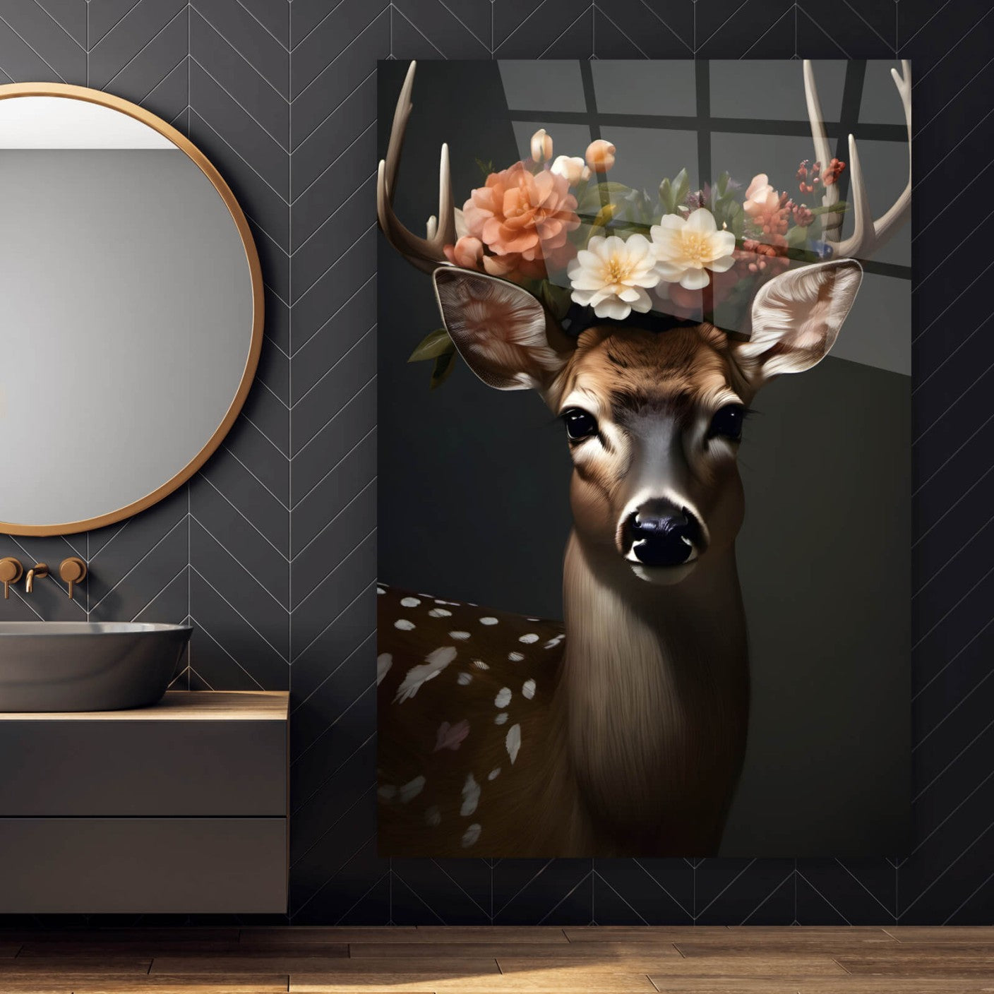 Acrylglasbild Hirsch mit Blumenschmuck Hochformat