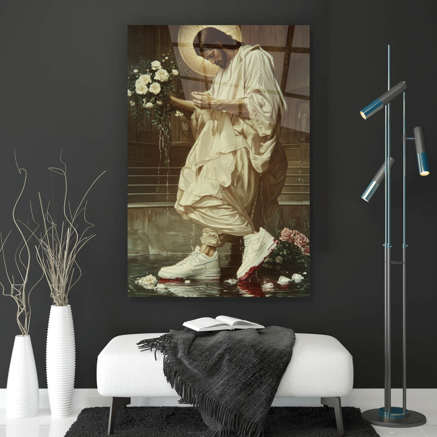 Acrylglasbild Jesus mit Blumenstrauss und Sneaker Hochformat