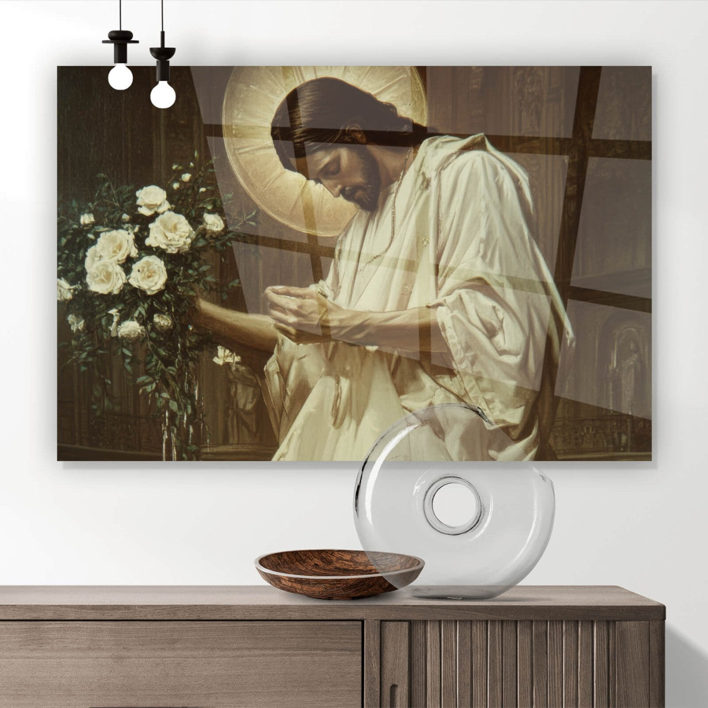 Acrylglasbild Jesus mit Blumenstrauss und Sneaker Querformat