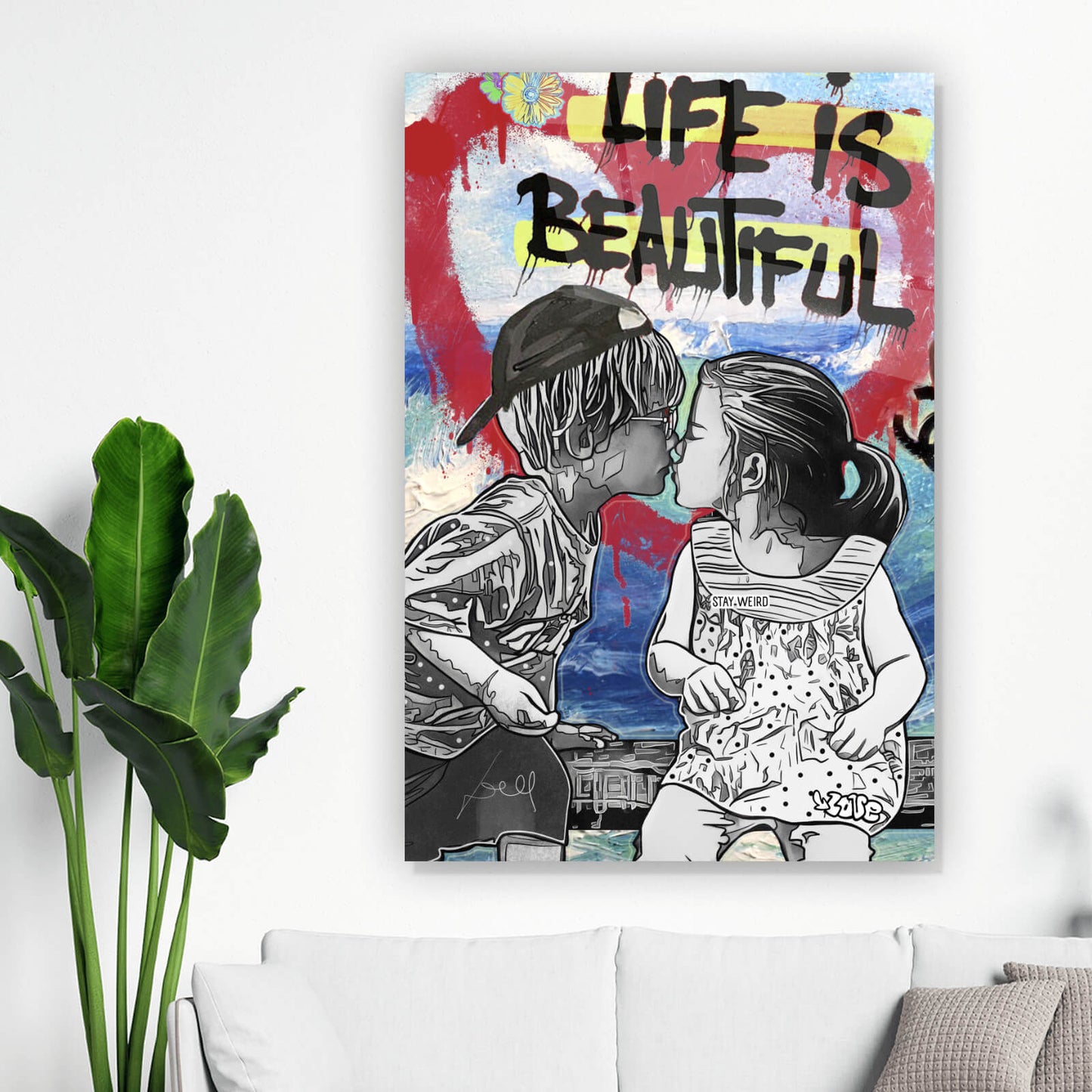Acrylglasbild Kissing Kids Pop Art Hochformat