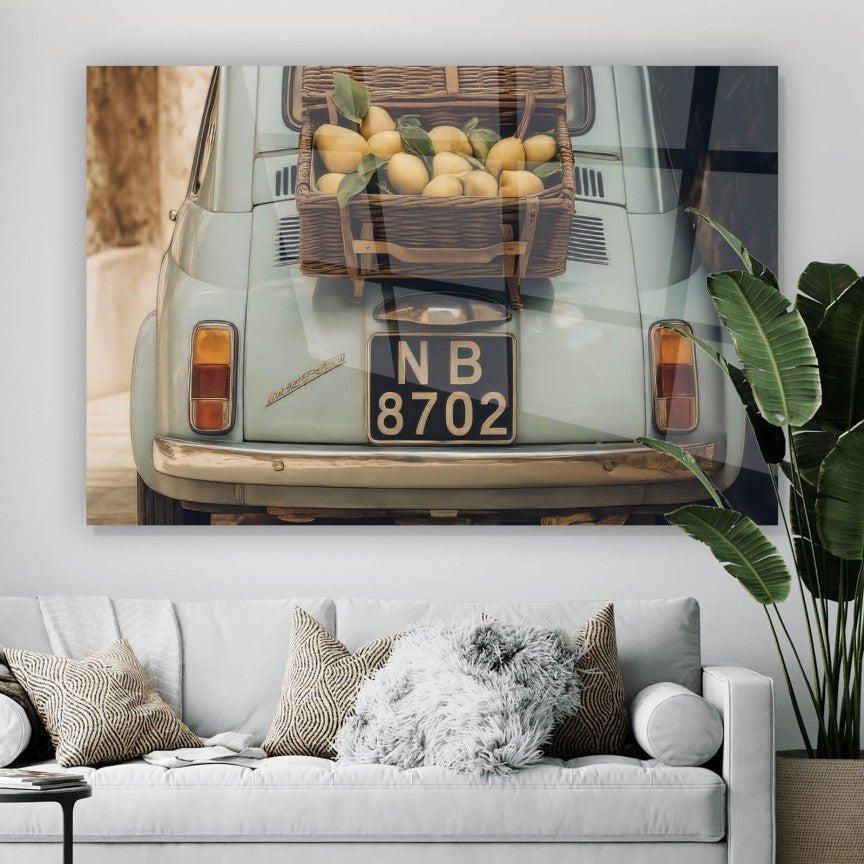 Acrylglasbild Kleines Auto mit mediterranen Flair Querformat
