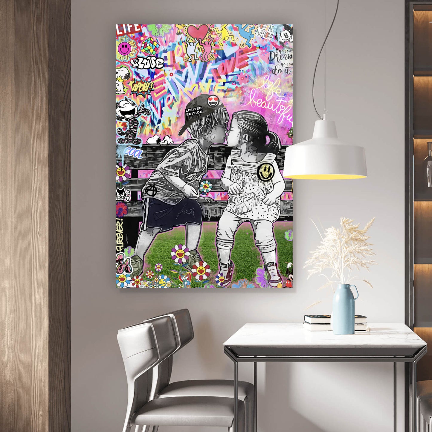 Acrylglasbild Küssende Kinder Pop Art Hochformat