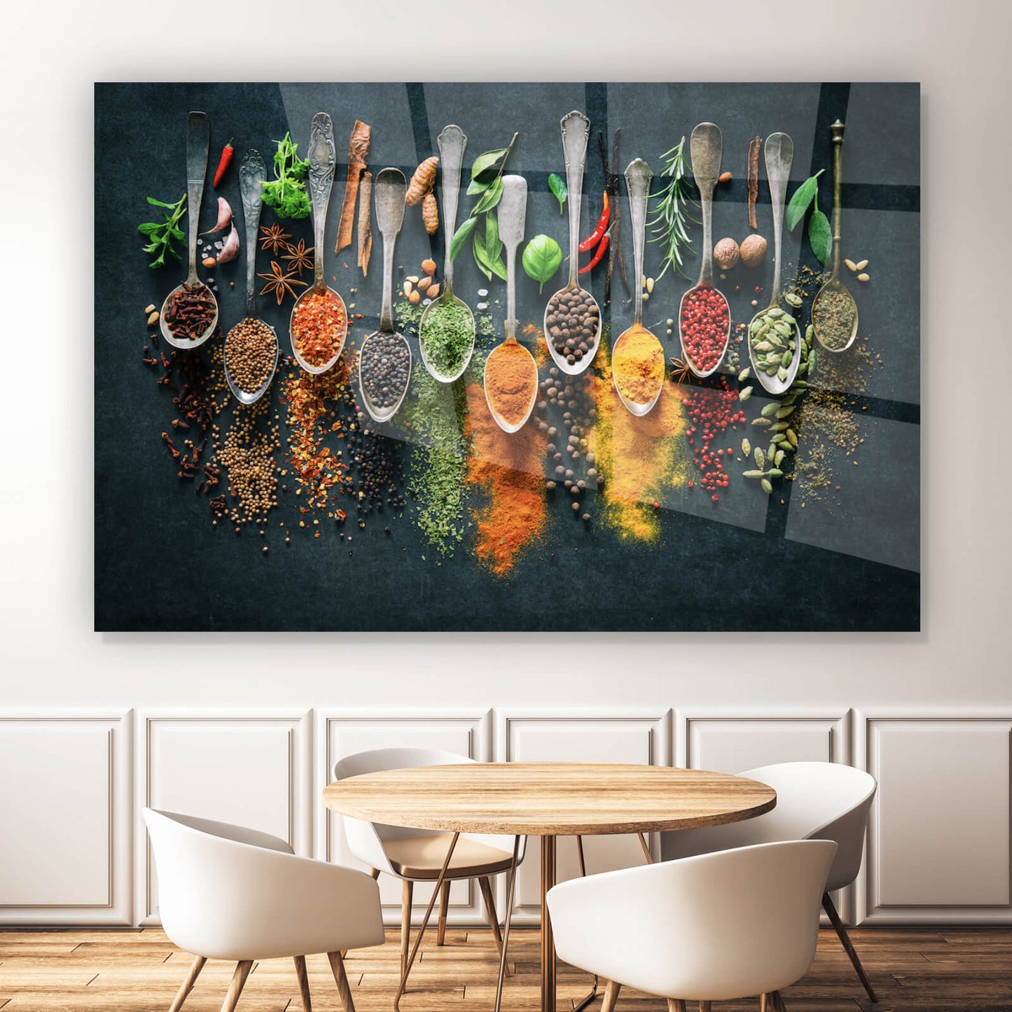 Acrylglasbild Kulinarische Gewürze auf Löffeln Querformat
