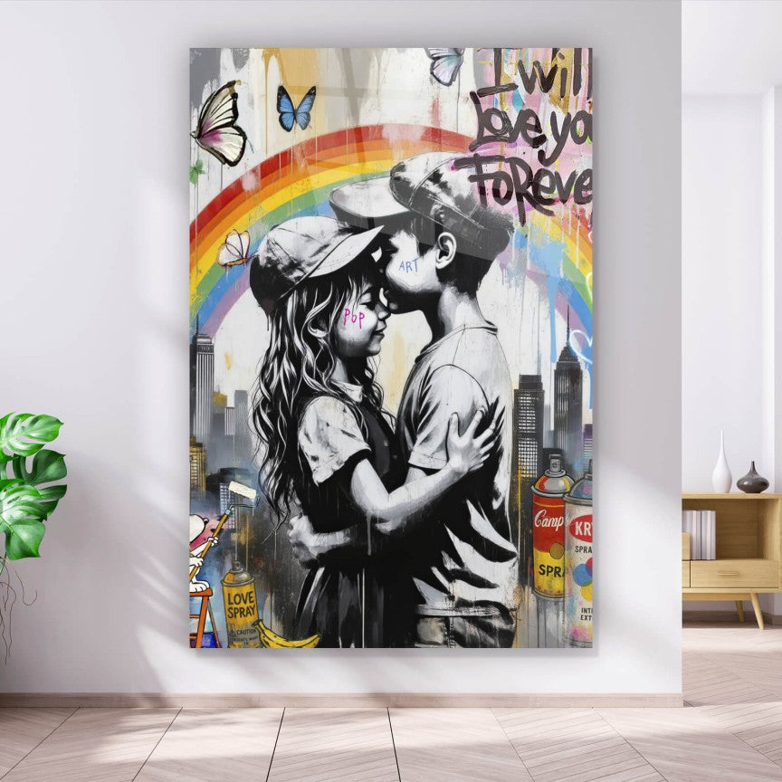 Acrylglasbild Liebende Kinder mit buntem Street Art Hintergrund Hochformat