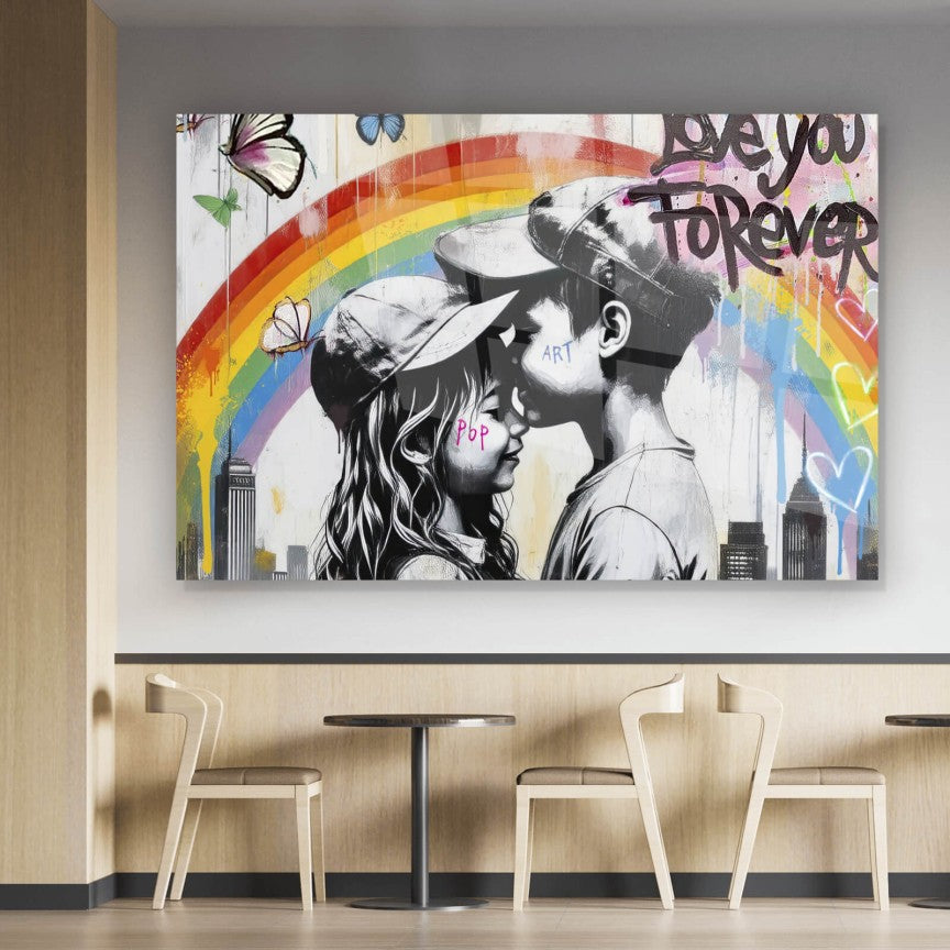 Acrylglasbild Liebende Kinder mit buntem Street Art Hintergrund Querformat